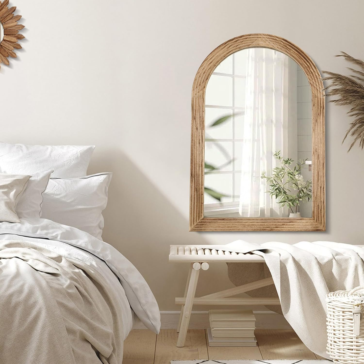 LOSOUR 2 Pack Arched Mirror, Farmhouse Decor Solid Wood Frame Bathroom Mirrors, Vintage Mirror for Bathroom, Living Room,Bedroom, Entryway, Hallway,Foyer (Brown, 2 Pack-36" x 24")