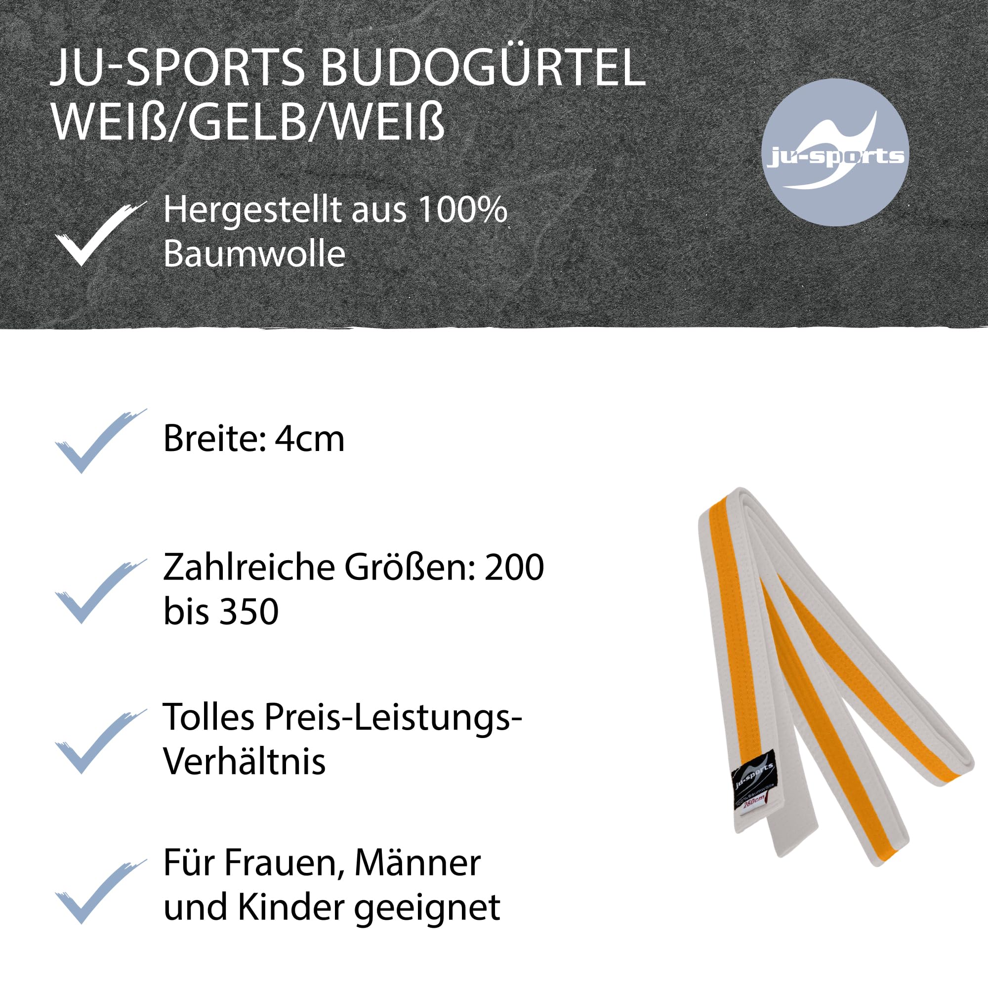 Ju-Sports Budogürtel weiß/gelb/weiß 100% Baumwolle 4 cm breit - Hautfreundlicher Kampfsport Gürtel mit exzellenter Feuchtigkeitsaufnahme für Budo, Judo, Karate, Kickboxen & mehr