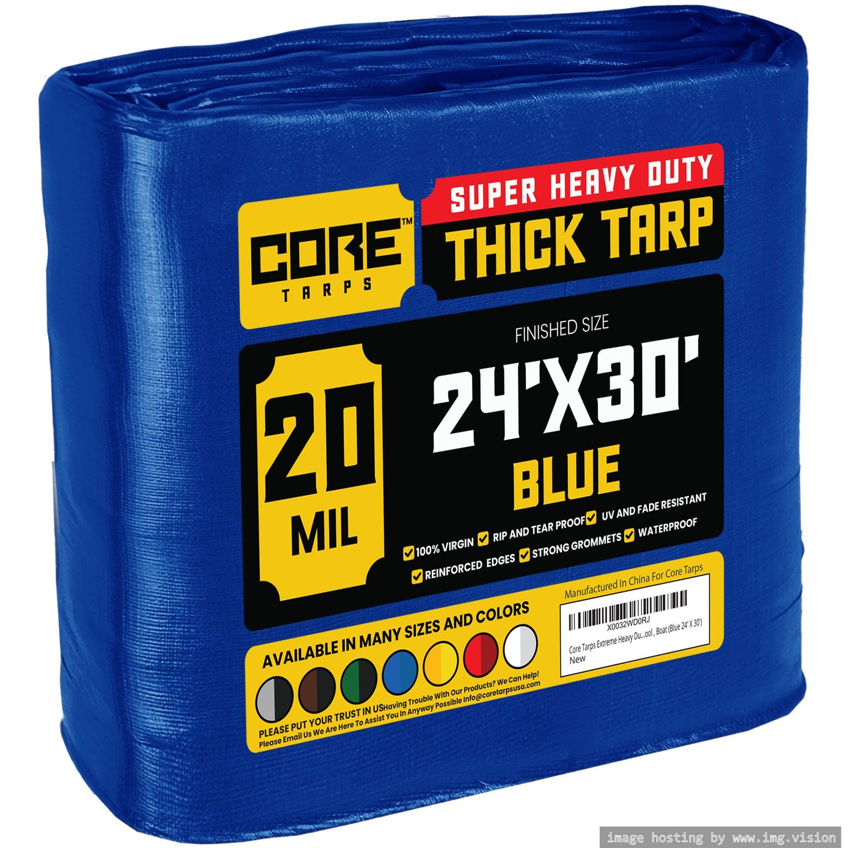 Core Tarps Extreme Heavy Duty 20 Mil Tarp Cover, Waterproof, UV Resistant, Rip and Tear Proof, Poly Tarpaulin with Reinforced Edges for Roof, Patio, Pool, Boat (Blue 24′ X 30′)