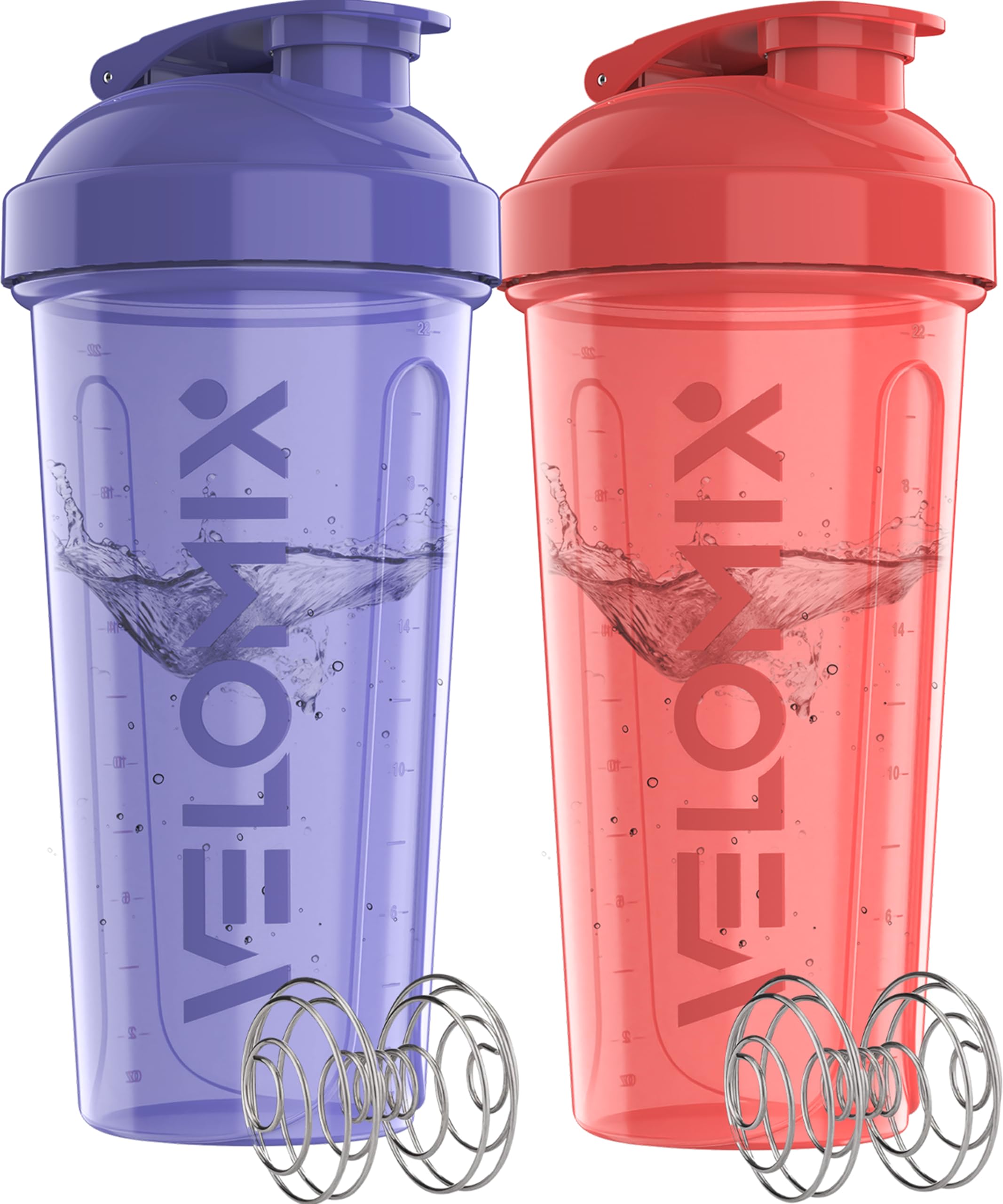VELOMIX -2 Pack- 28 oz Protein Shaker Bottles for Protein Mixes - 2x Wire Whisk | Leak Proof Shaker Cups for Protein Shakes and Pre Workout | Protein Shaker Bottle Pack (Pink/Purple)