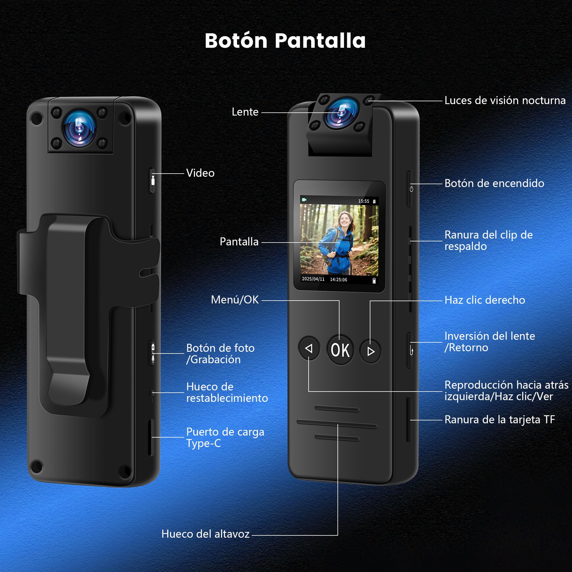 Bodycam, Cámara Corporal 1080P HD con Lente Gran Angular de 120°, Clip Trasero, Visión Nocturna y Detección de Movimiento, Cámara Mini con Objetivo Giratorio 180° para Grabación Diaria
