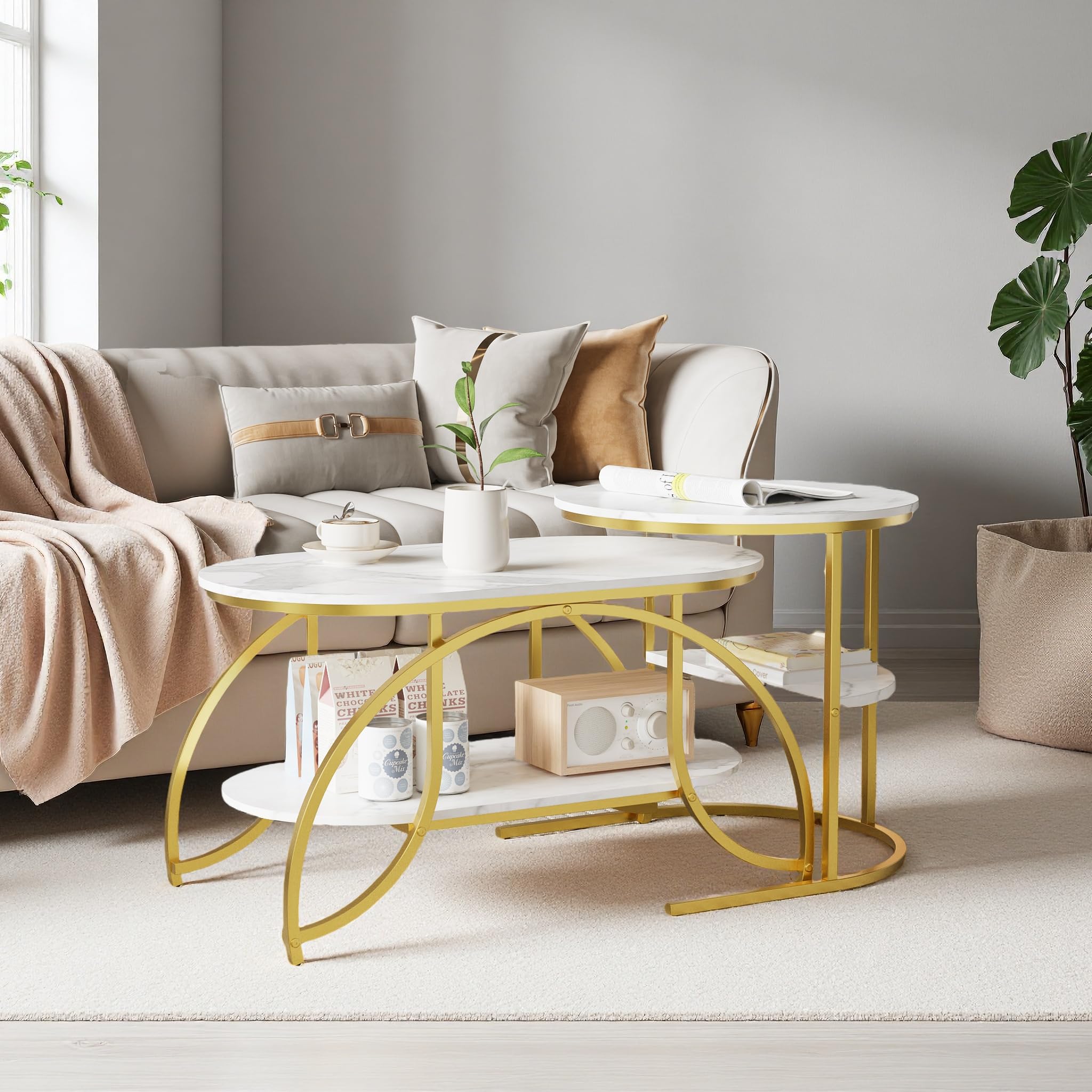Juego de Mesas de centro redondas blancas con estructura dorada