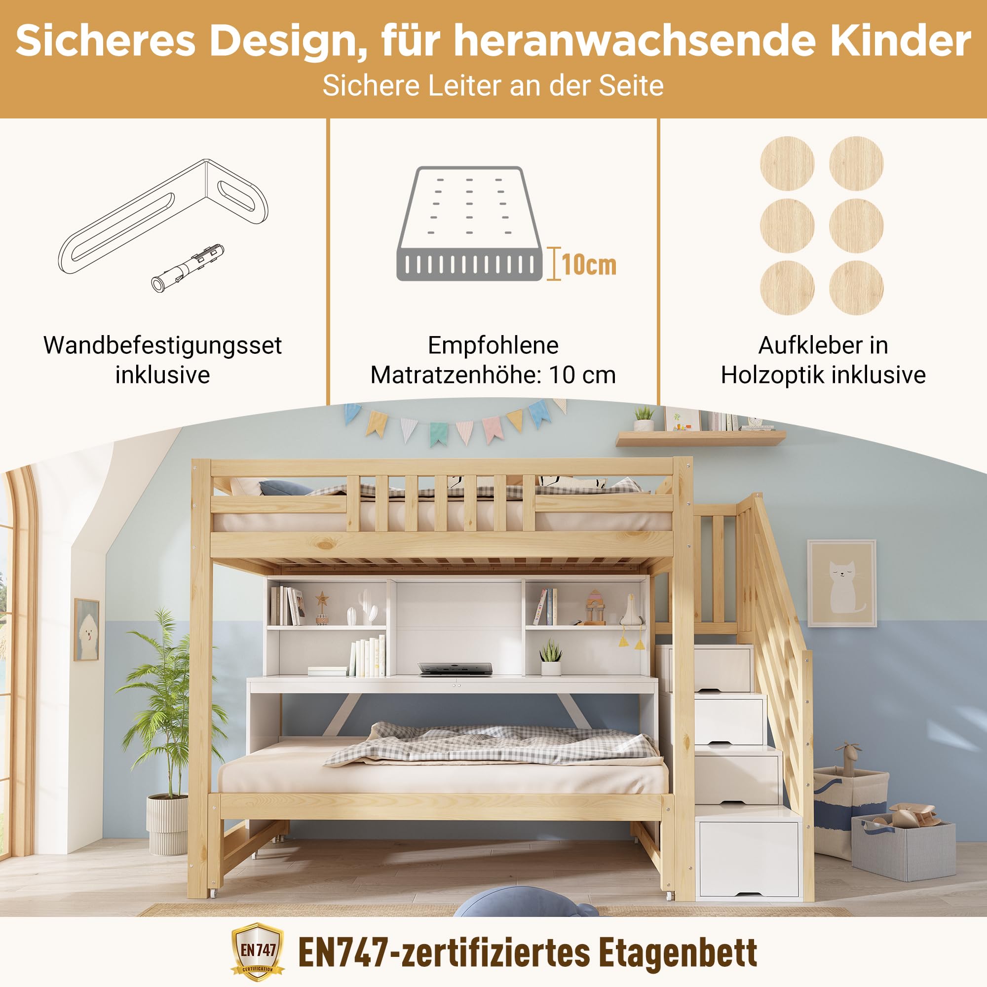 Kayan Lit superposé en bois pour enfant 90 x 200 cm + 90 x 190 cm, avec lit extensible sur roulettes, bureau mobile, armoire d'escalier et étagère, EN 747-1:2024, sans matelas