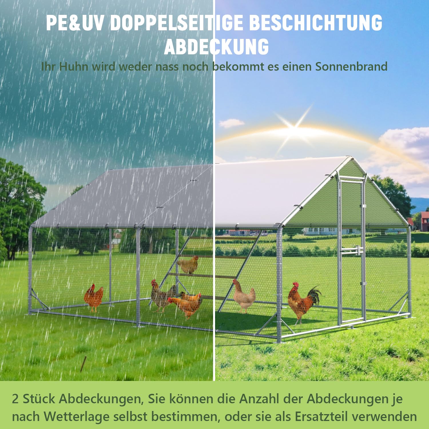 Sannwsg Großer Hühnerstall aus Metall 3x4x2m mit Dachabdeckung Hühnergehege für Garten Wetterfestes Freilaufgehege für 10 bis 20 Hühner mit Zubehör und Sitzleiter