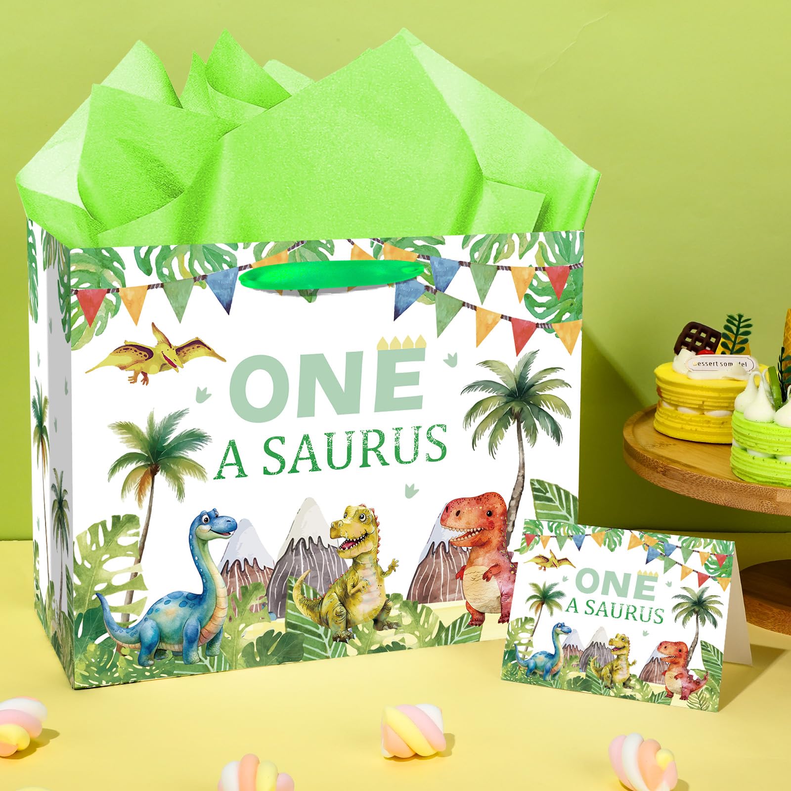 Woosytoo Baby Boys 1st Birthday Gift Bag One a Saurus Decorations Dinosaur First Birthday Gift Wrapping Paper Bag with Tissue Paper for Dino One Years Old Party Favor Supplies