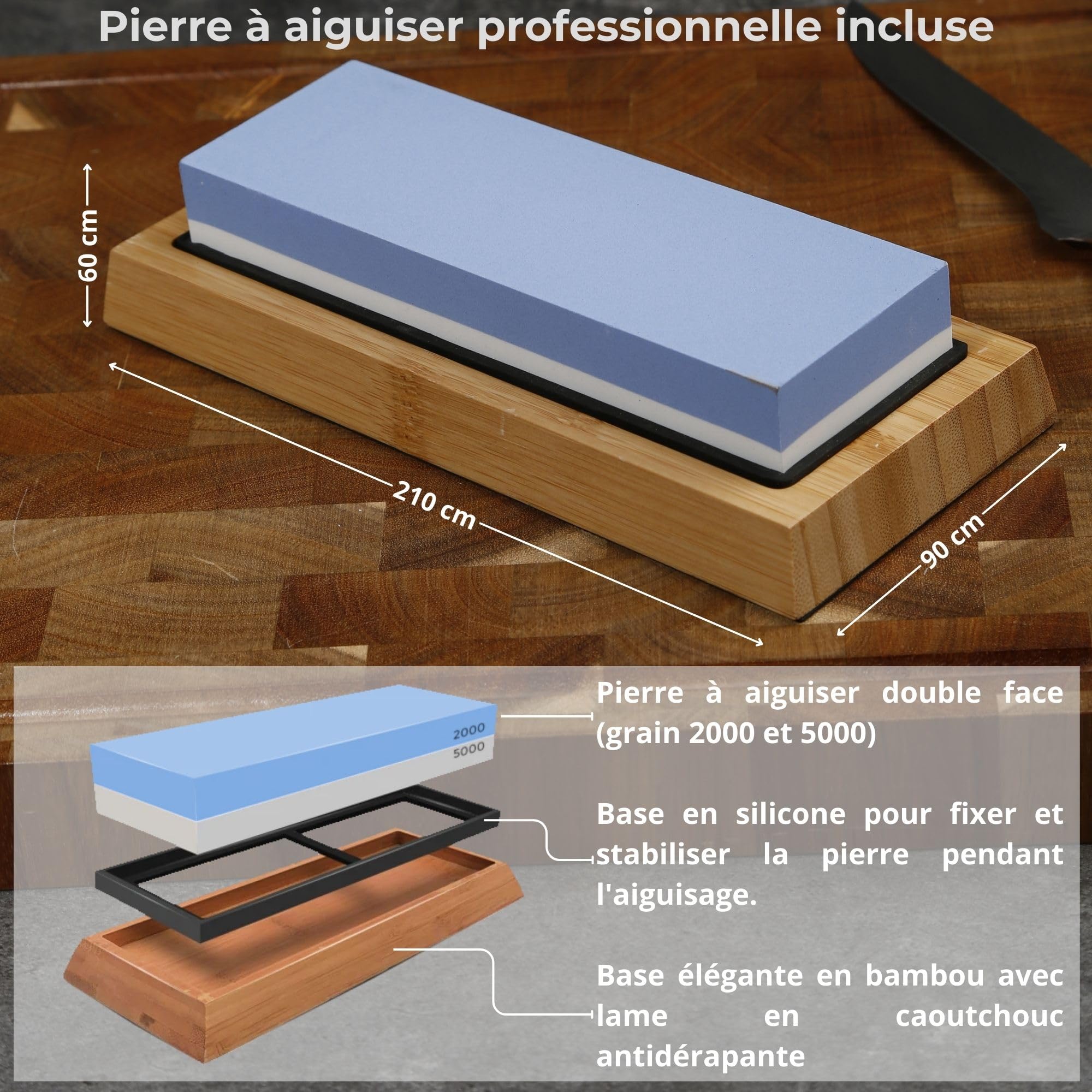 Set de couteaux de cuisine professionnel en acier damas avec pierre à aiguiser Japonaise. Couteau japonais professionnel (pierre a aiguiser japonaise inclus) idéal pour tout chef (5 set)
