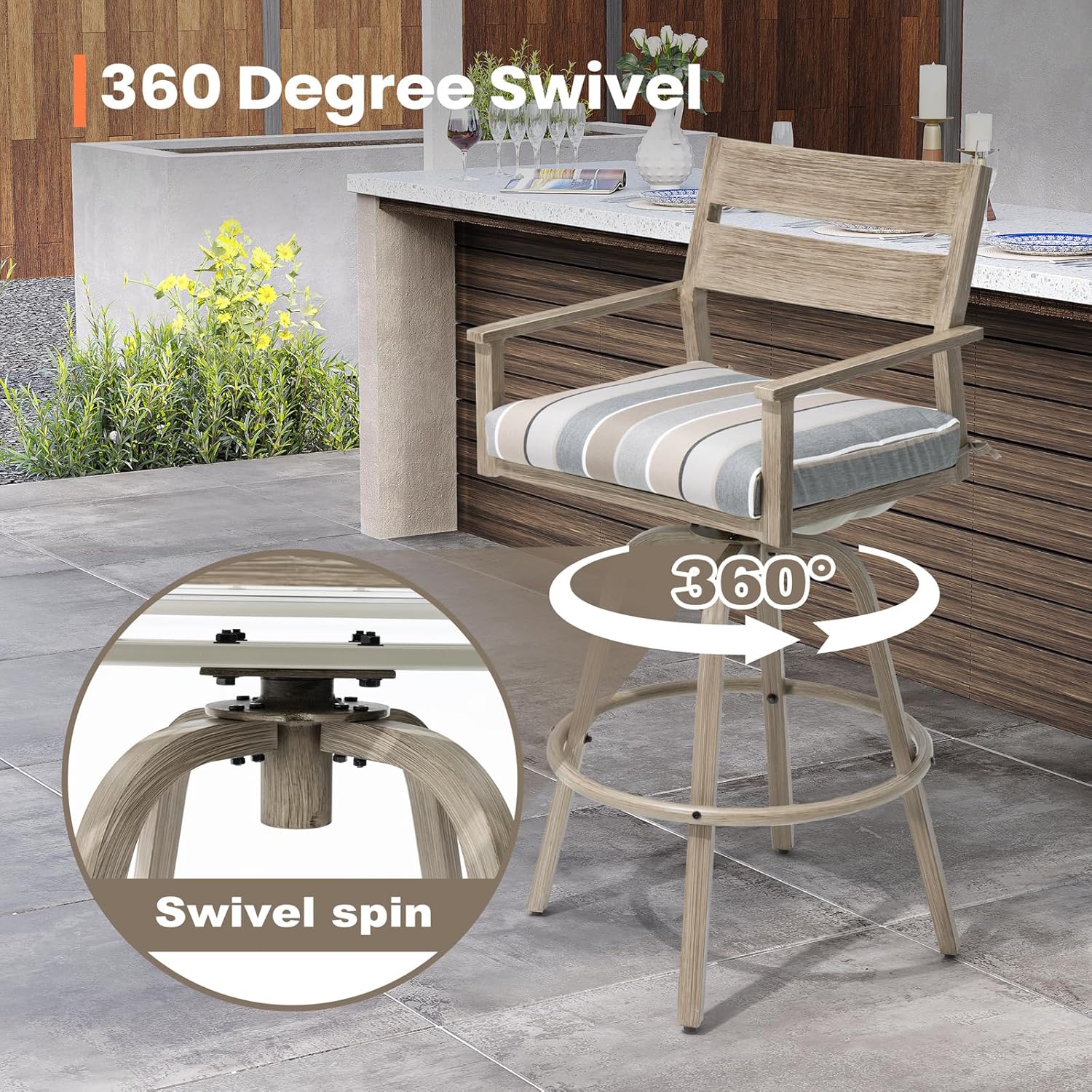 Pellebant 4 Pcs Outdoor Swivel Bar Stools, 28.7" Aluminum Bar Height Stools with Backs & Sunbrella Cushions, Modern Patio Barstool Chairs, All-Weather Barstools for Patio, Deck, Balcony, Milano Char