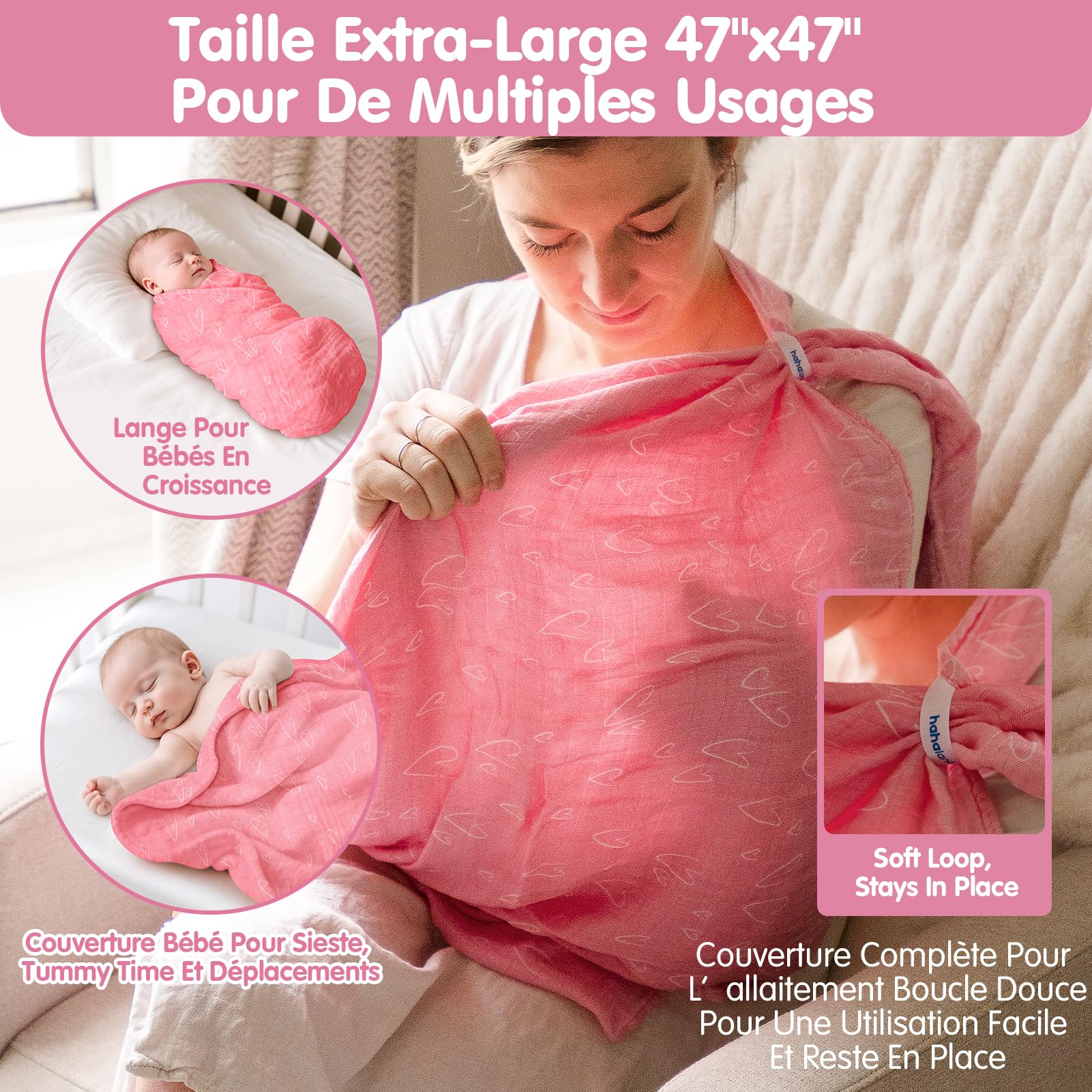 hahaland Couvertures d'Emmaillotage 100% Mousseline de Bambou pour Bébé - Lot de 3 (1 Grande 120x120 cm + 2 Standard 100x100 cm), Ultra-Douces, Respirantes, Essentiels pour Les Nouveau-nés - Rose