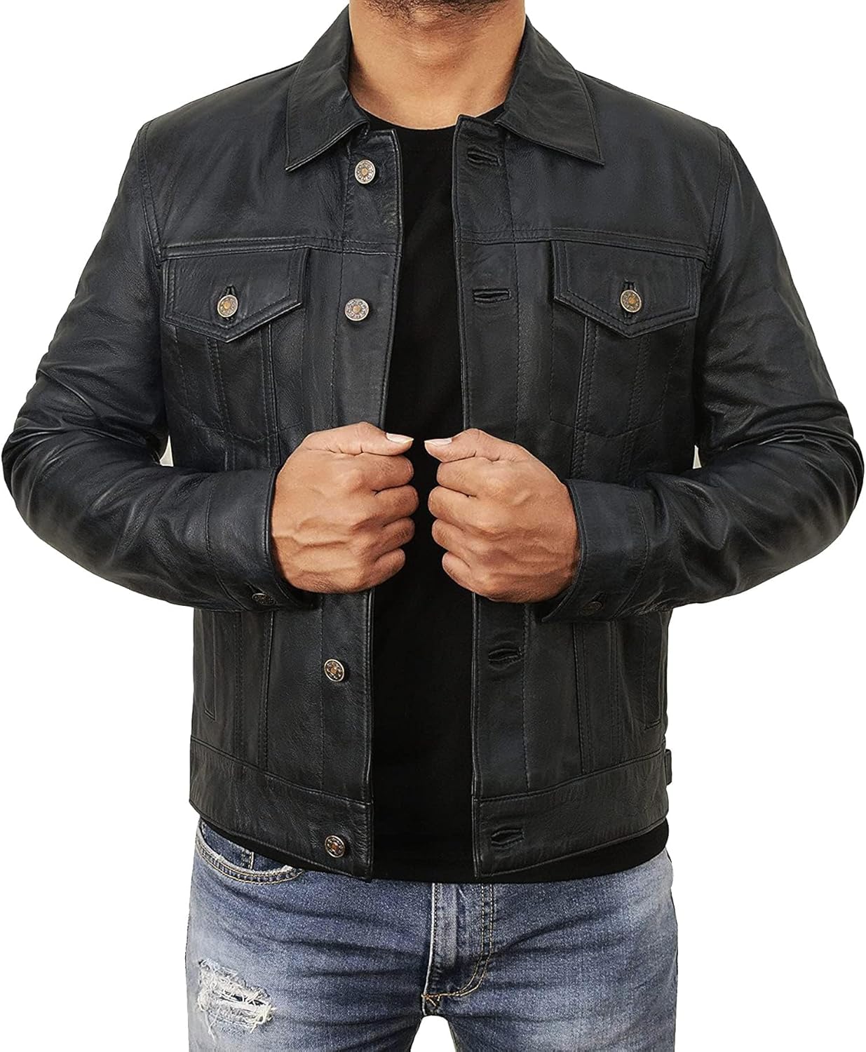 STOREJEES Leather Trucker Jacket Men - Real Lambskin Shirt Style Vintage Fashion Mens Leather Jacket