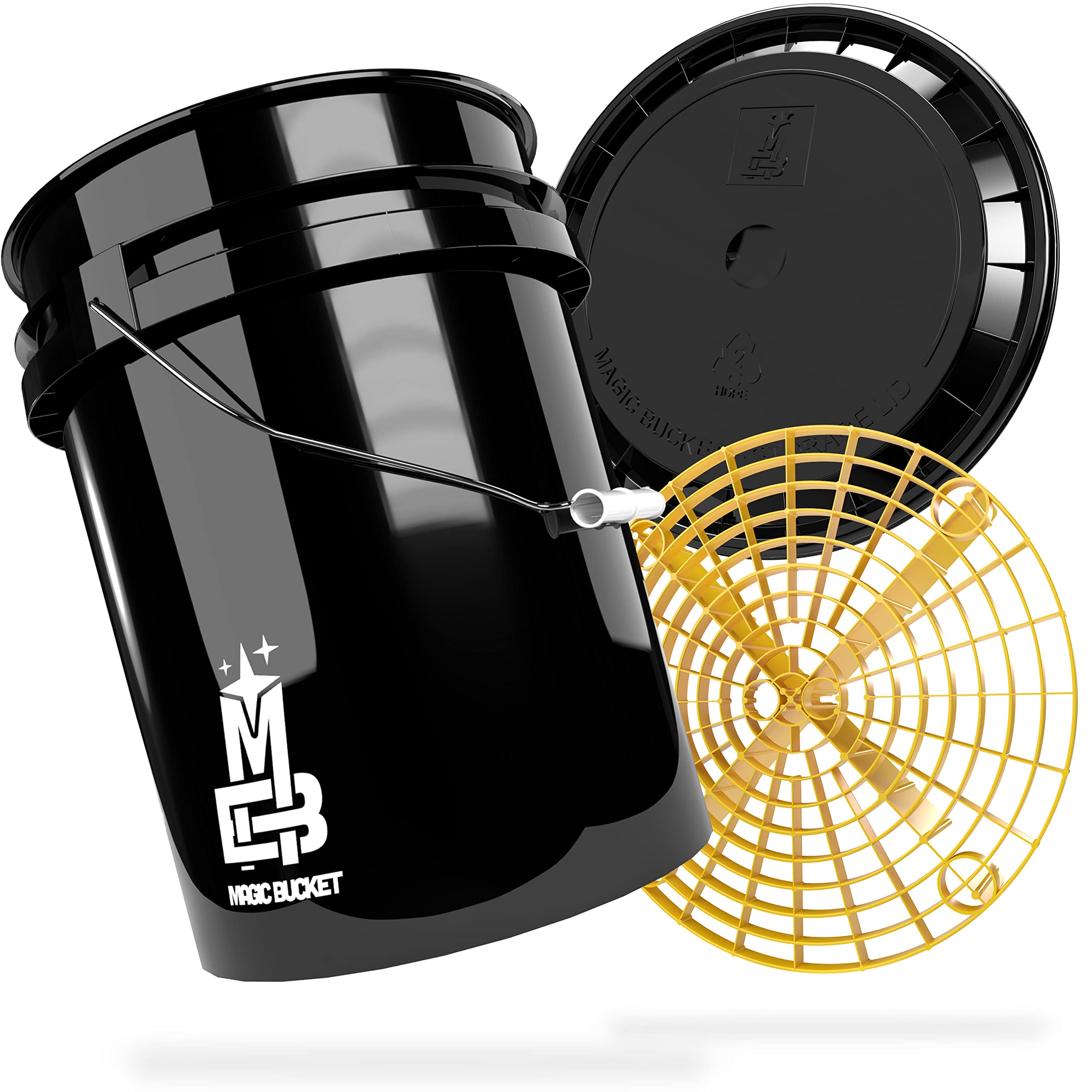 MAGIC BUCKET Sac de lavage à la main pour voiture avec couvercle de seau assorti 5 GALLONES US env. 20 litres | Avec seau Grit Guard Filtre à saleté | Kit de lavage Noir/jaune