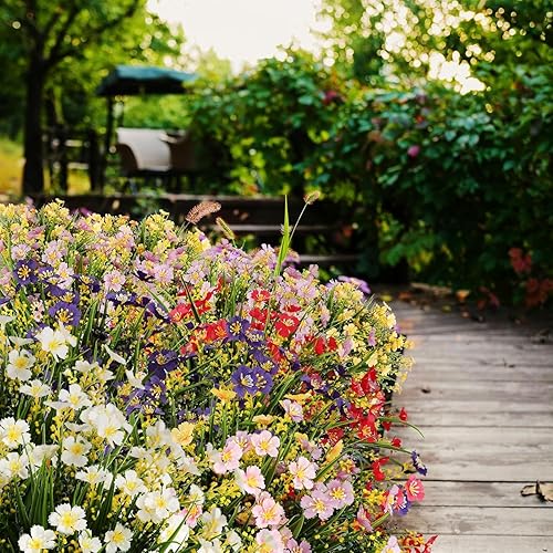 Miniatura 7 de MACTING 6 paquetes de flores artificiales, resistentes a los rayos UV, plantas arbustivas sintéticas, flores de plástico para decoración de