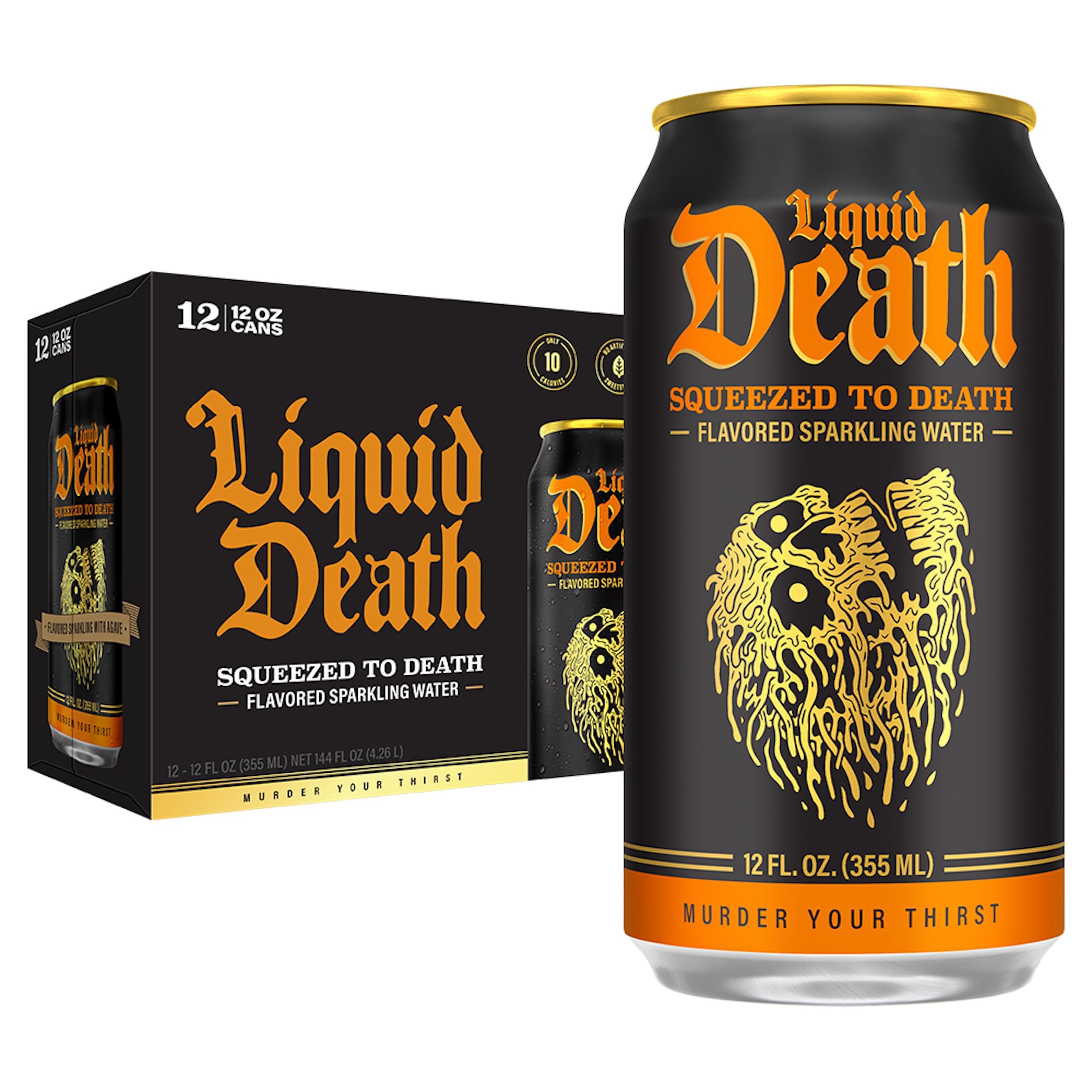 Liquid Death Soda-Flavored Sparkling Water - Squeezed To Death (Classic Orange Soda), Less Sugar*, Huge Flavor, No Caffeine, No Artificial Sweeteners,