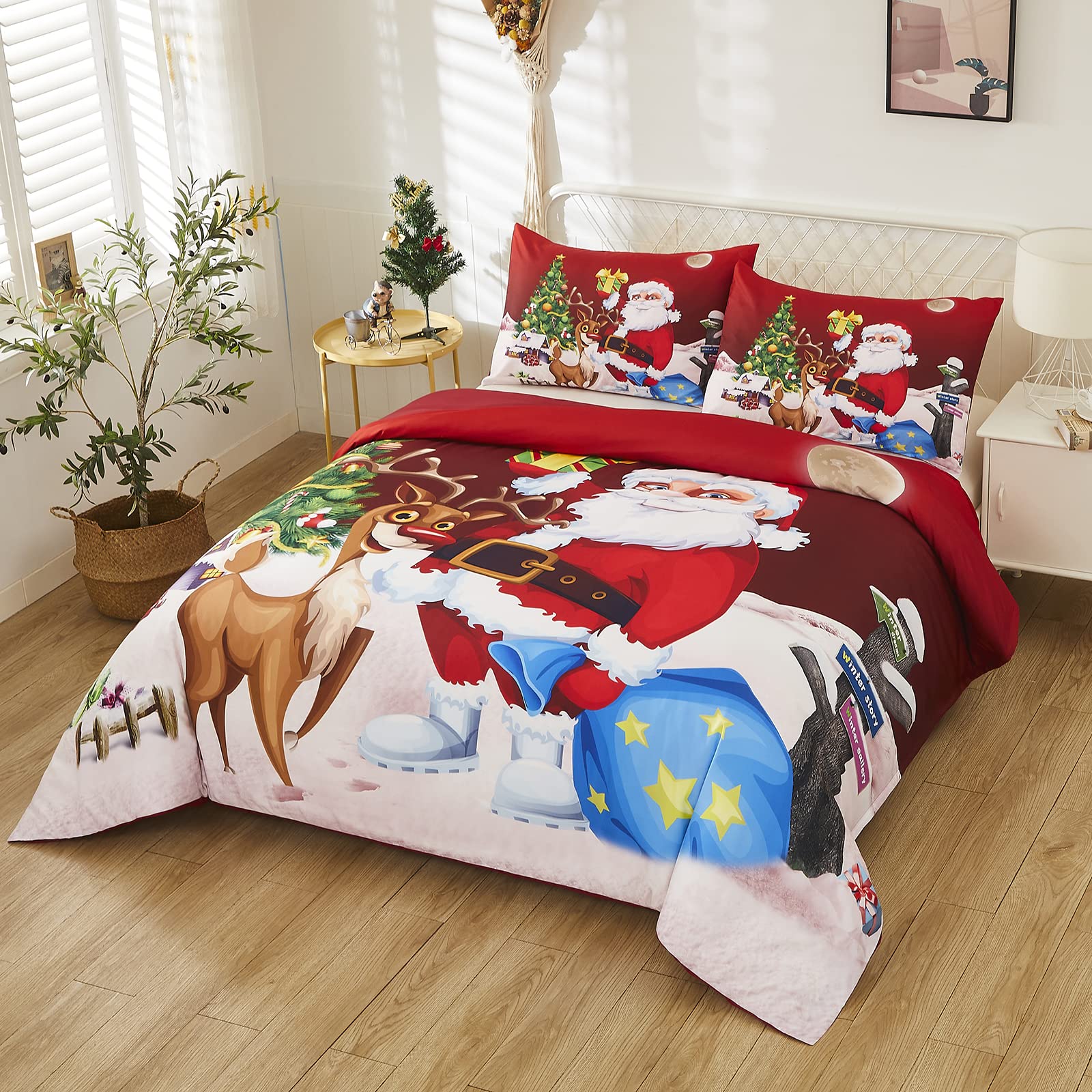 HMtideby Copripiumino Natalizio King Size 240x220cm, Set Biancheria da Letto Copripiumino Natalizio Modello Satus, Copripiumino Rosso per Decorazioni di Capodanno