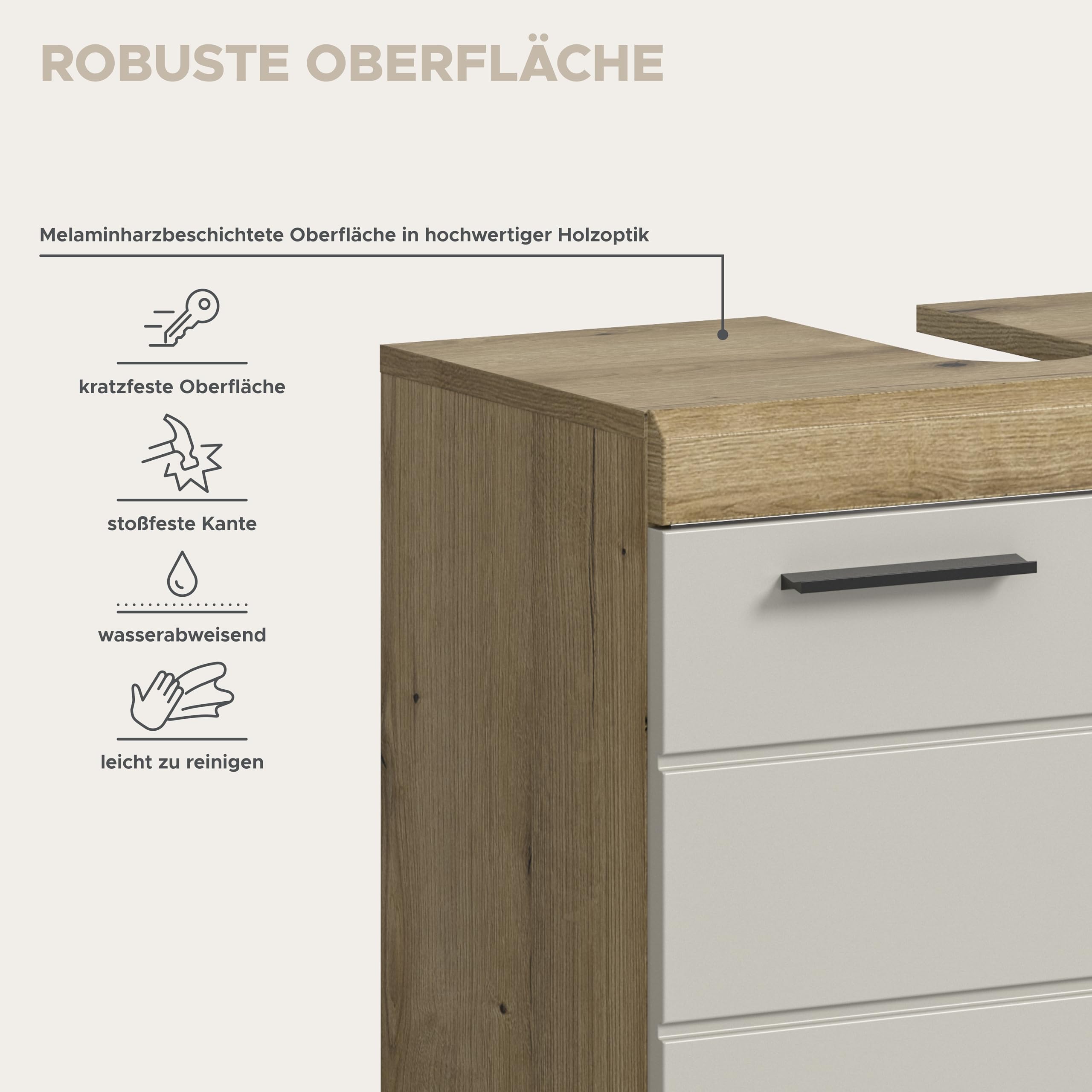 xonox.home – Badkombination Scout 149x191x34 cm in Evoak Oak und Kaschmir Nachbildung matt – Elegantes Set mit natürlichem Holz-Look – geradlinig – Bild 9