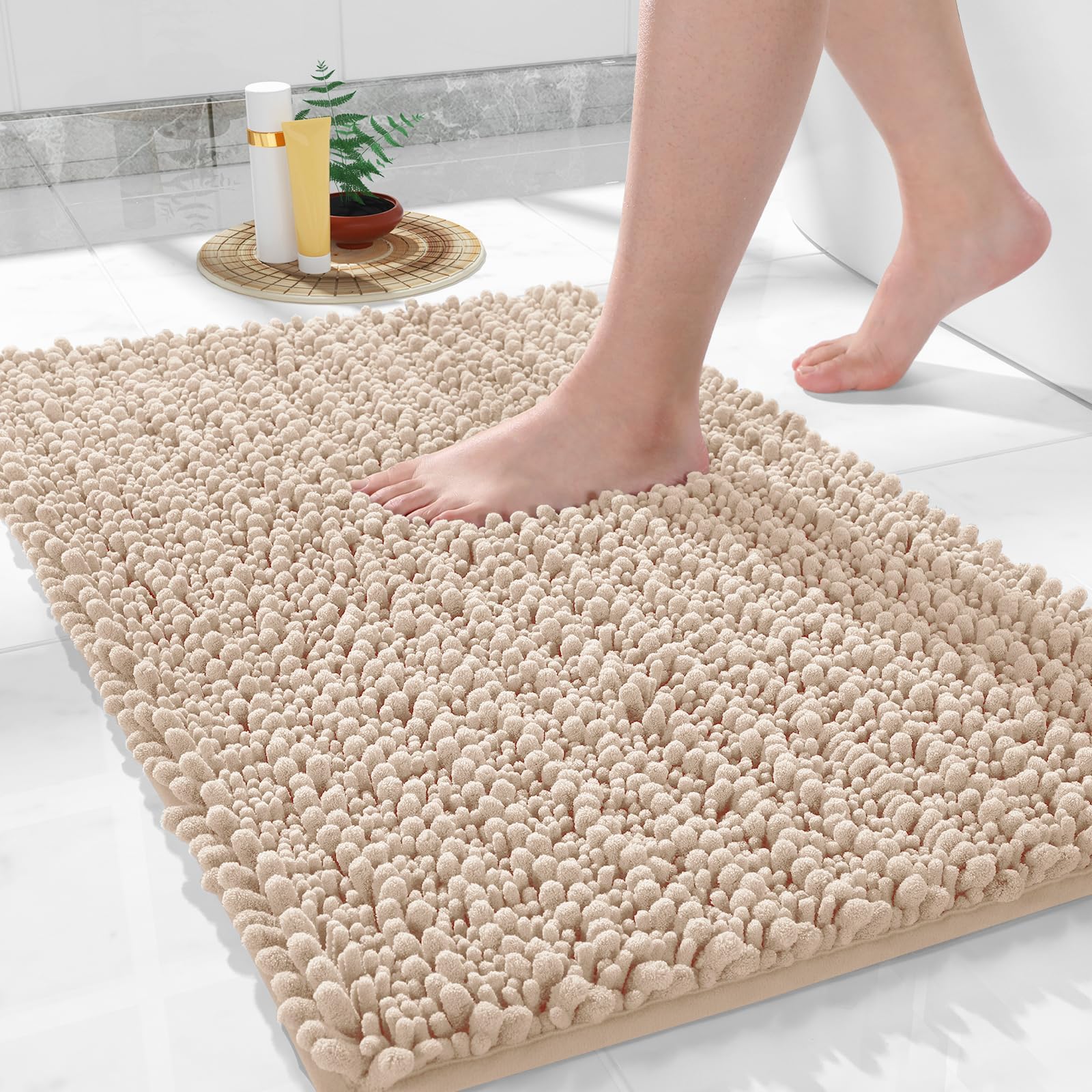 Yimobra Bathroom Rugs Non Slip Washable - Ultra Soft Absorbent Chenille Bath Mat, Quick Dry Shaggy Floor Carpet for Tub Shower, Light Brown Home Decor Accessories
