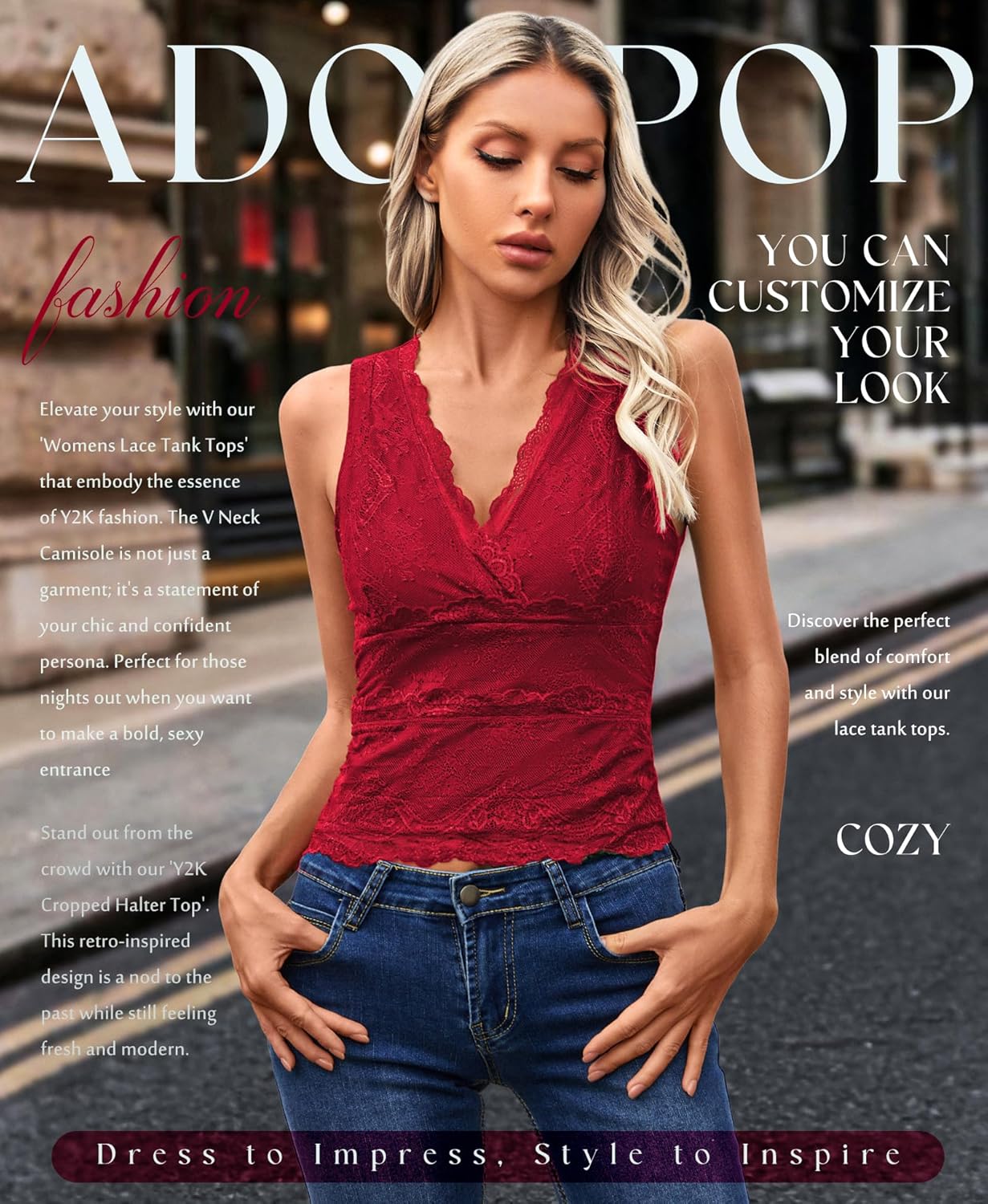 Womens Lace Tank Tops - V Neck Camisole Sleeveless Sexy Going Out Y2K Cropped Halter Vest Top - Image 2