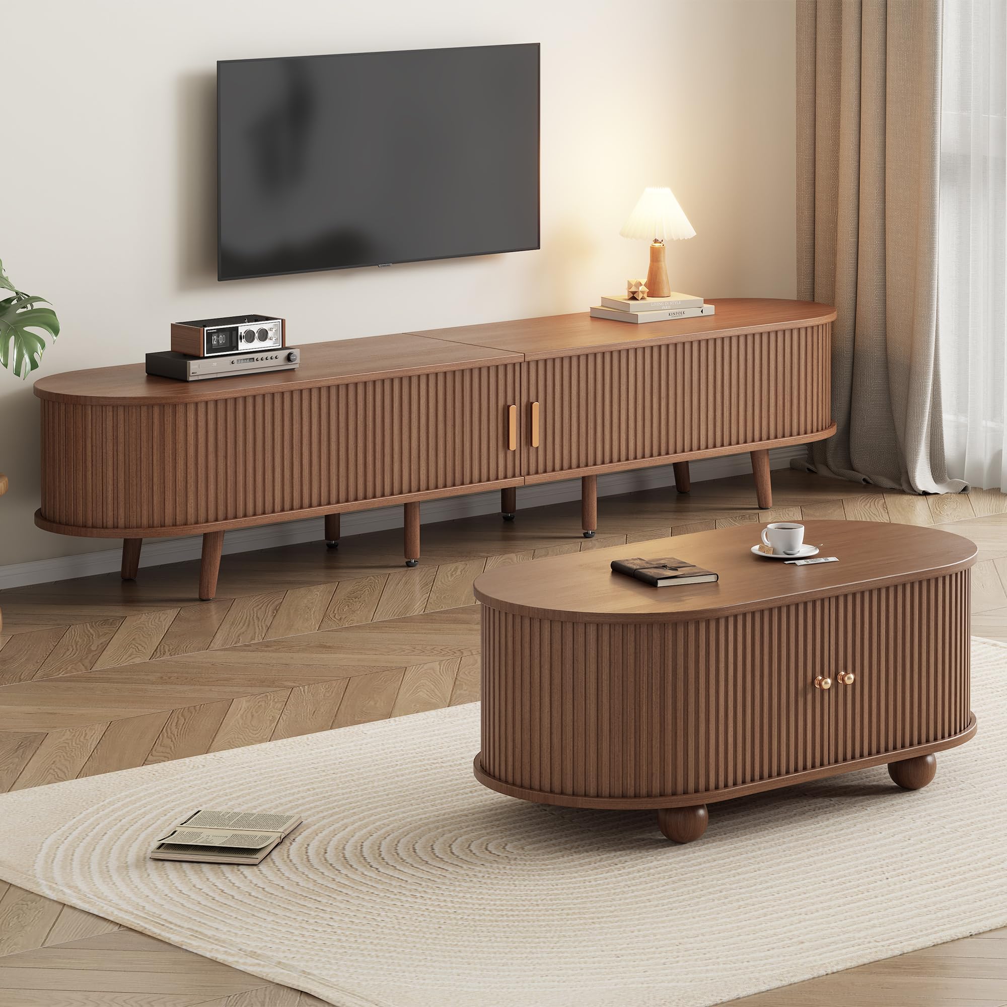175x40x42cm&100x50x40cm Wohnzimmer-TV-Schrank mit Stauraum + Couchtisch-Kombination, Nussbaum Kombination in Originalholzfarbe, MDF, 2 Set