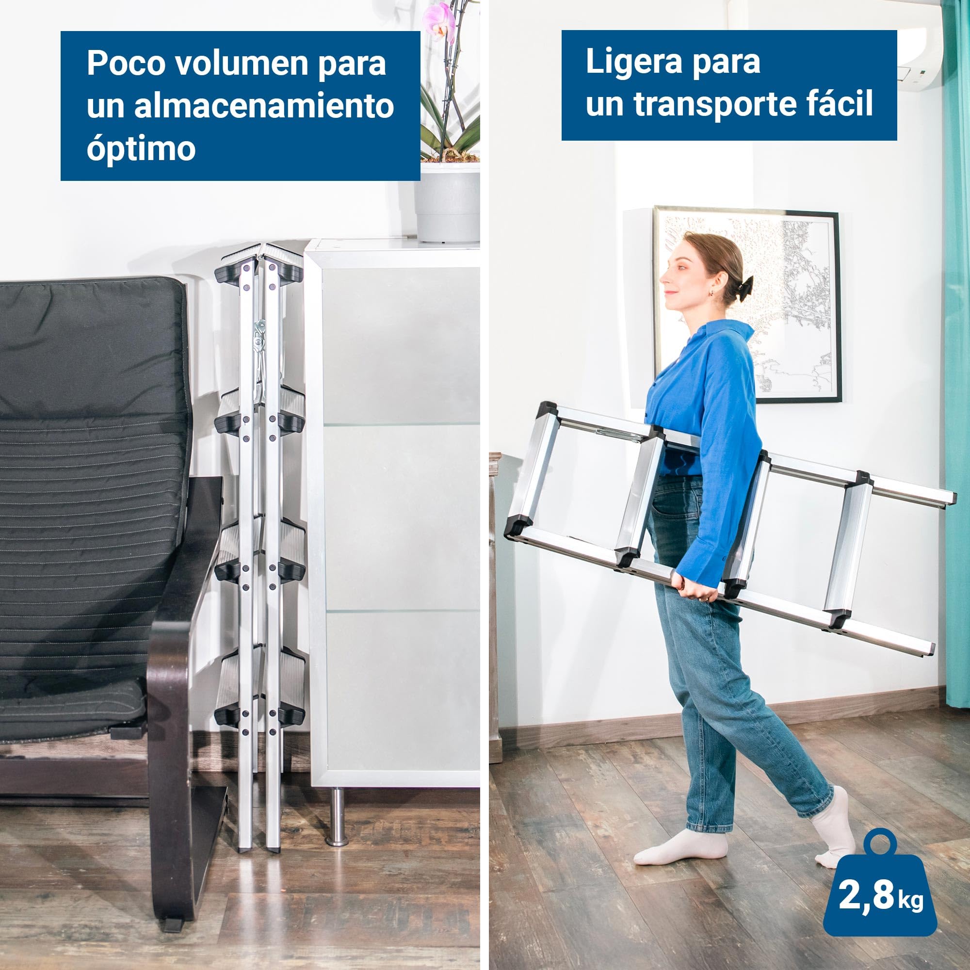 HOSTRÖM Escalera de 4 peldaños HOMILIX4, Escalera Plegable compacta, Aluminio, diseño Compacto y Robusto, Altura máxima de Trabajo de 2,59 m, garantía de 5 años.