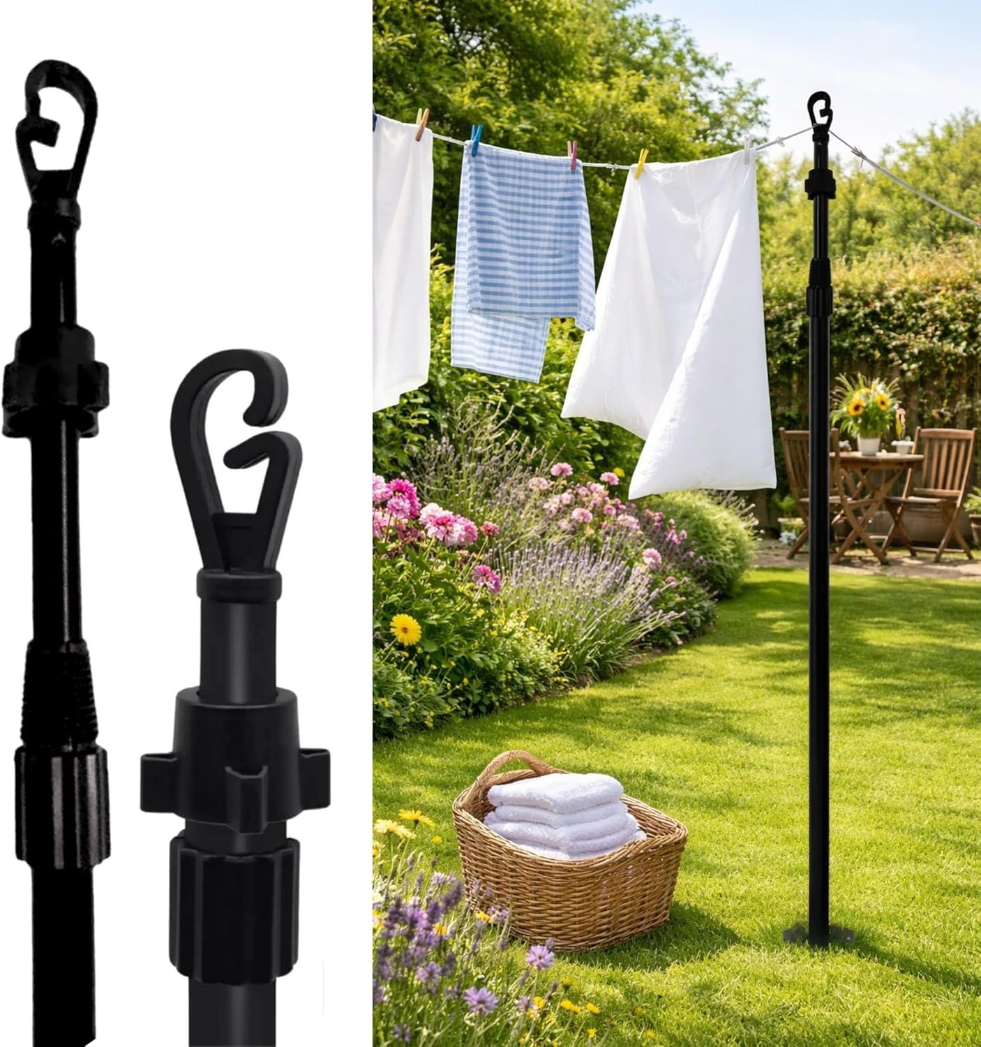 2.4M Heavy Duty Washing Line Prop Adjustable Laundry Support Pole Telescopic Extending Clothing Line Pole Indoor Outdoor Clothes Line Prop (1)