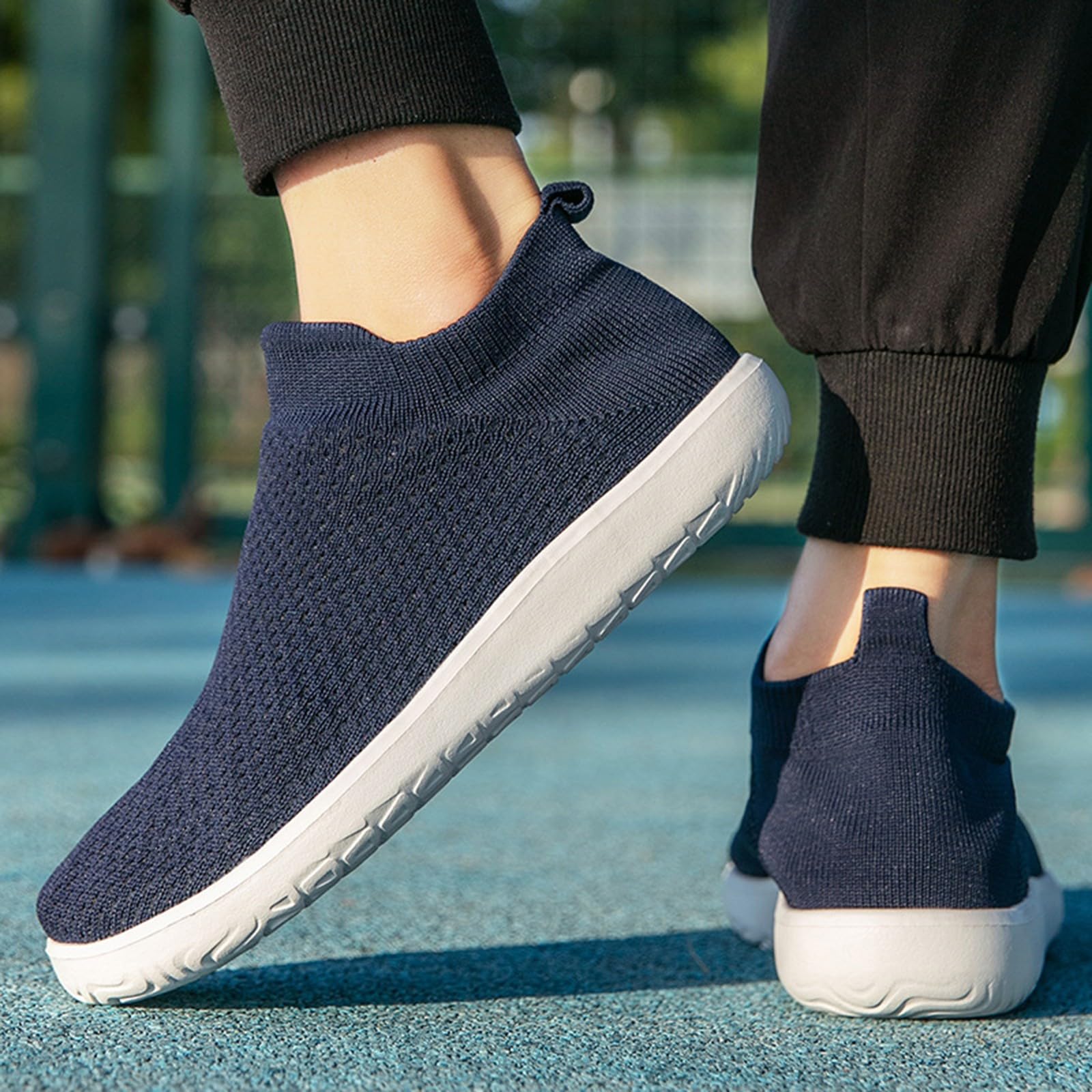 Męskie trampki, minimalistyczne, wysoki kołnierz, wsuwane, lekkie, oddychające, dzianinowe buty do chodzenia, jogi i jazdy samochodem, NIEBIESKI, 38.5 EU