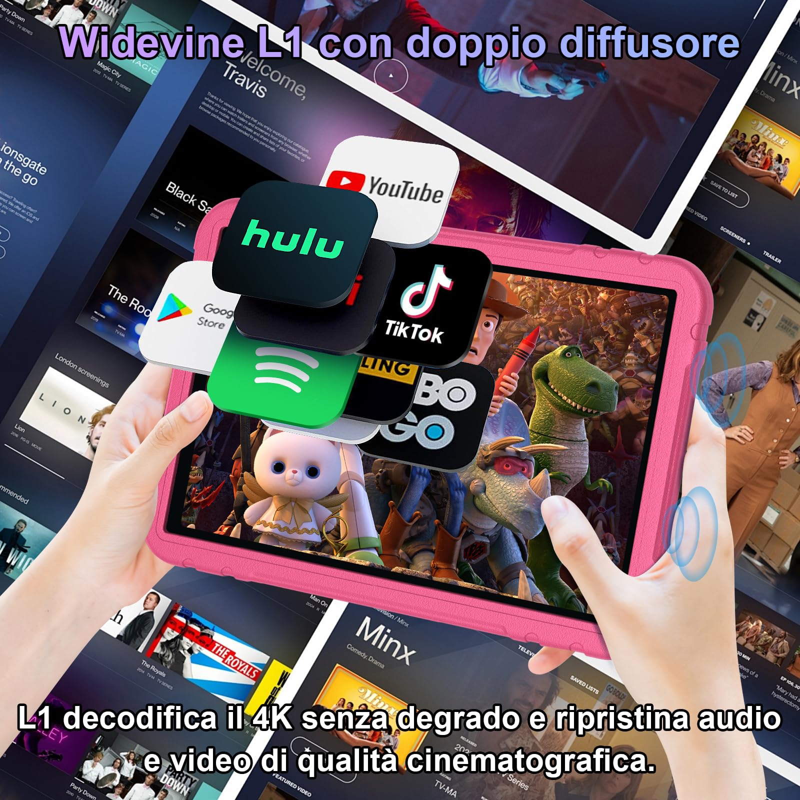 Tablet bambini 10 Pollici Android 15 con Gemini AI, 30 + 128GB, Octa-Core, WiFi 6, BT 5.0, Widevine L1, 8000mAh, Controllo Parentale, Custodia protettiva EVA antiurto + Staffa girevole a 360° - Rosa