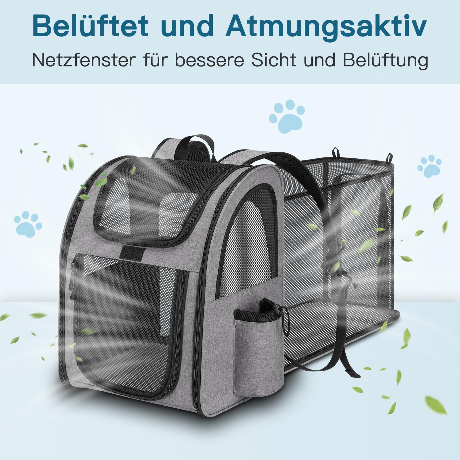 Erweiterbar Hunderucksack bis 10kg, Haustier Rucksack mit Netzfenster, Faltbare Katzenrucksack Hunde Rucksack, Atmungsaktive Cat Dog Backpack mit Innerer Sicherheitsleine und Haustiermatte - Grau