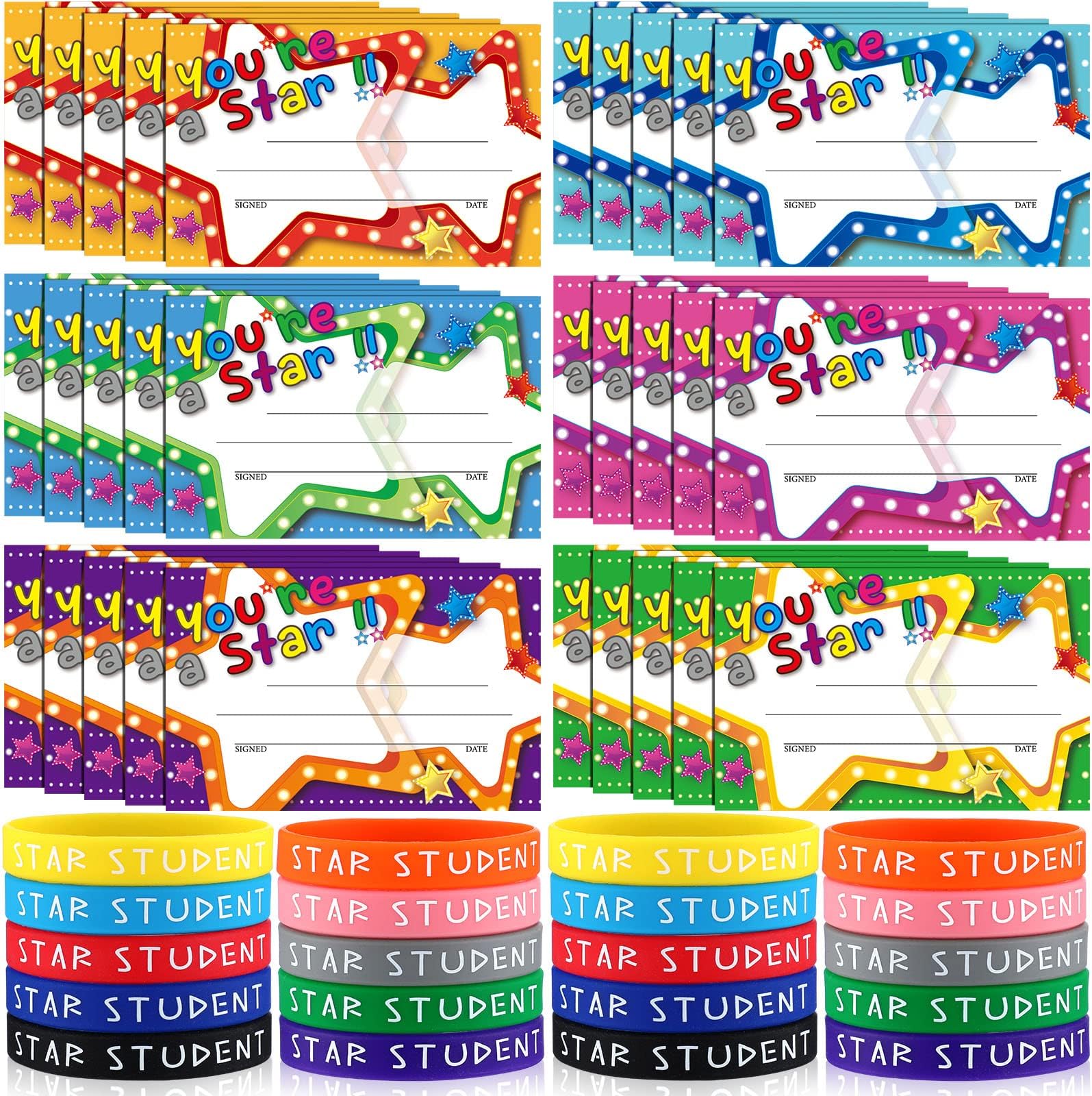 EaastyEaasty 60 Pcs Marquee You're a Star Student Certificates Preschool Award Card Super Star Happy Birthday Wristband Award Recognition Positive Behavior of The Week Certificate for Kid(You are Star)