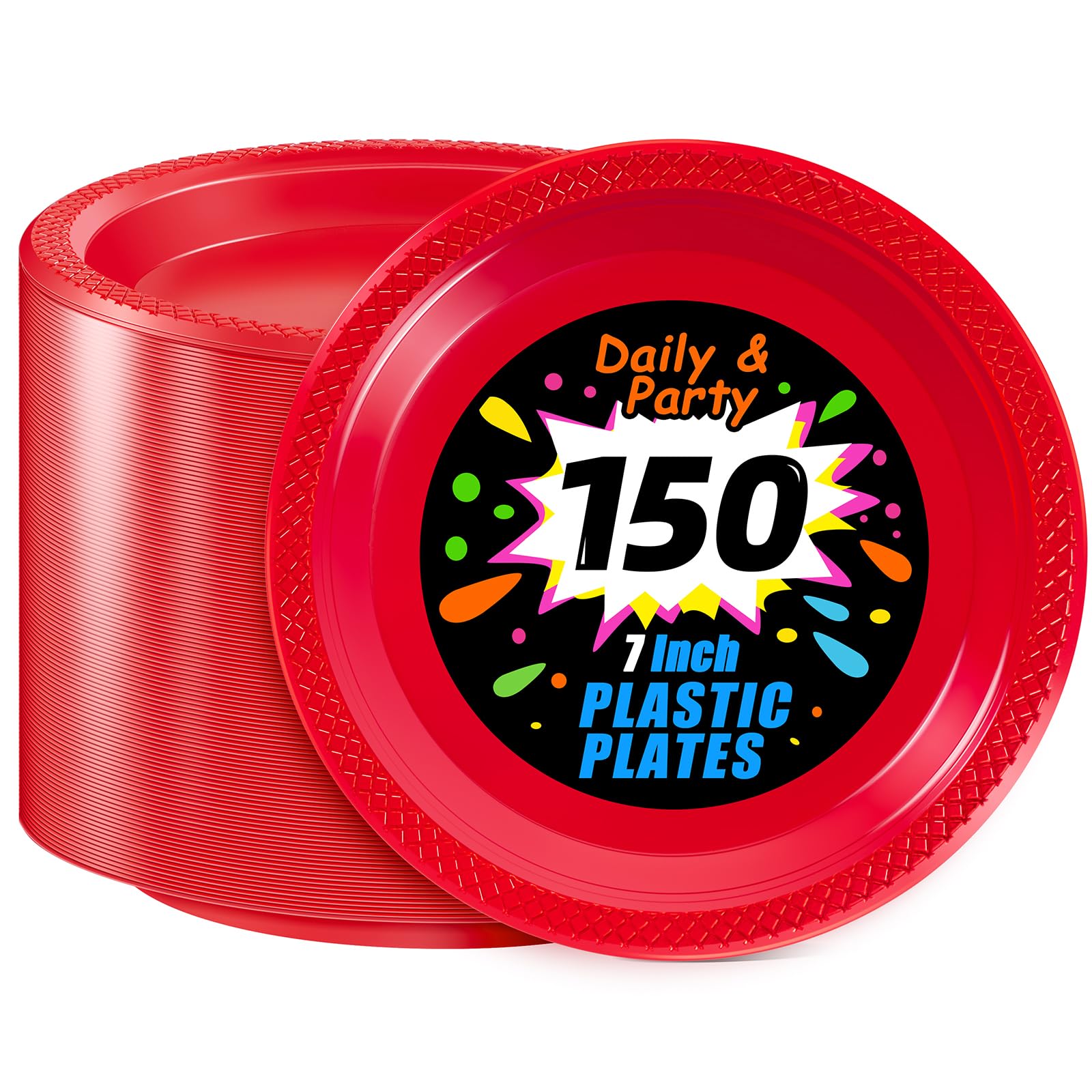 WELLIFE 7 Inch Red Dessert Plates 150 Count, Red Plastic Disposable Party Plates for Dessert Cake Appetizers Salad Easter Mother's Day