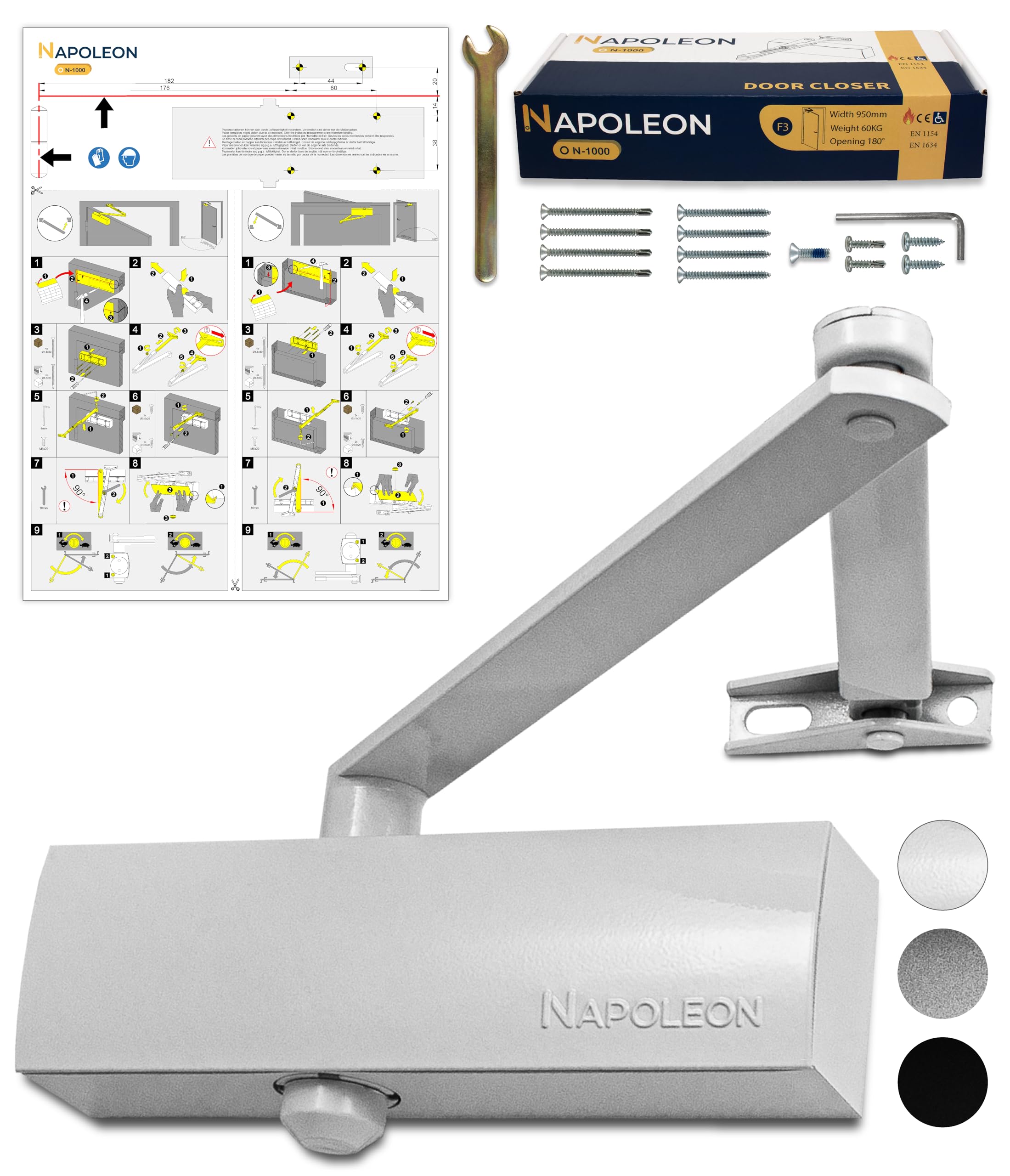 NAPOLEON N-1000 Robust Automatic Door Closer - EN1154/EN1634 Standards - Commercial & Residential - Door from 20Kg to 60Kg Size 3 - Drilling Template - Easy and Quick Installation (White)