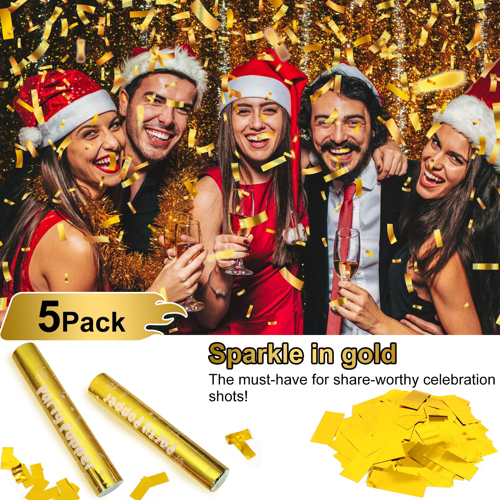 30,5 cm goldene Konfettikanone | 5 Stück Partykanonen für Hochzeiten, Neujahr, Abschlussfeiern, Jubiläen und jede Feier