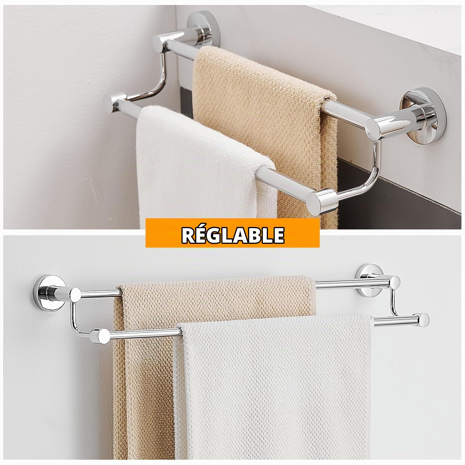 BESy Double Barre de Serviette de Bain réglable de 41,9 à 72,1 cm pour Salle de Bain en Acier Inoxydable SUS304, Support Mural de Style hôtel avec vis, Barre Porte-Serviette, Finition Chrome Poli