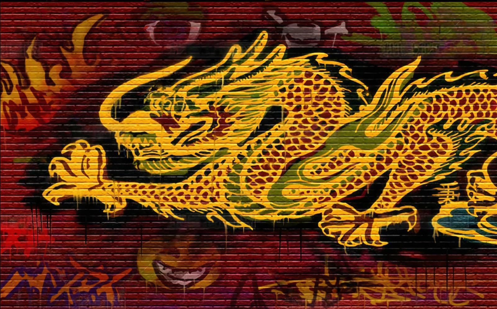 Tapeta z cegły osobowość smok ulica graffiti klub nocny motyw bar zachodnia restauracja tło ścienne popołudniowa herbata kawa tapeta, 3D, 200x140cm