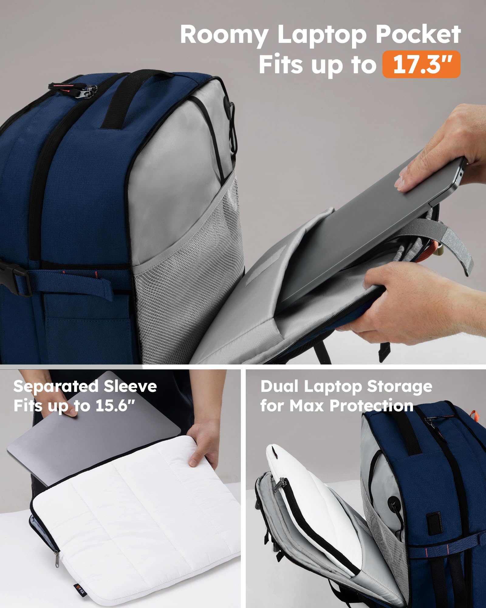 Tolaccea Zaino da Viaggio Aereo Bagaglio a Mano 45-50L, Zaino Portatile fino a 17.3", Compatibile con TSA, Viaggi d'Affari e Weekender, Grande da viaggio Cabina per Tutte le Compagnie Aeree (Blu navy)