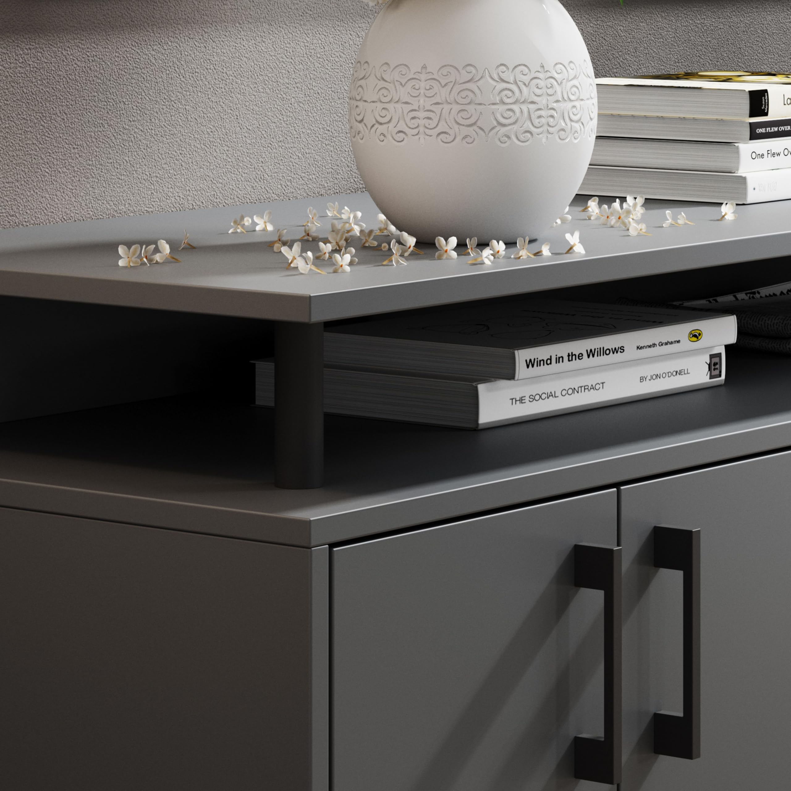 Drift Highboard mit Ablage in Anthrazit - Moderner Wohnzimmerschrank mit Schubladen und viel Stauraum für Ihren Wohnbereich - 139 x 90 x 34 cm (B/H/T) | Wohnzimmerschrank mit 4 Türen, 3 Schubladen, offenem Fach, melaminbeschichtete Oberfläche und viel Sta