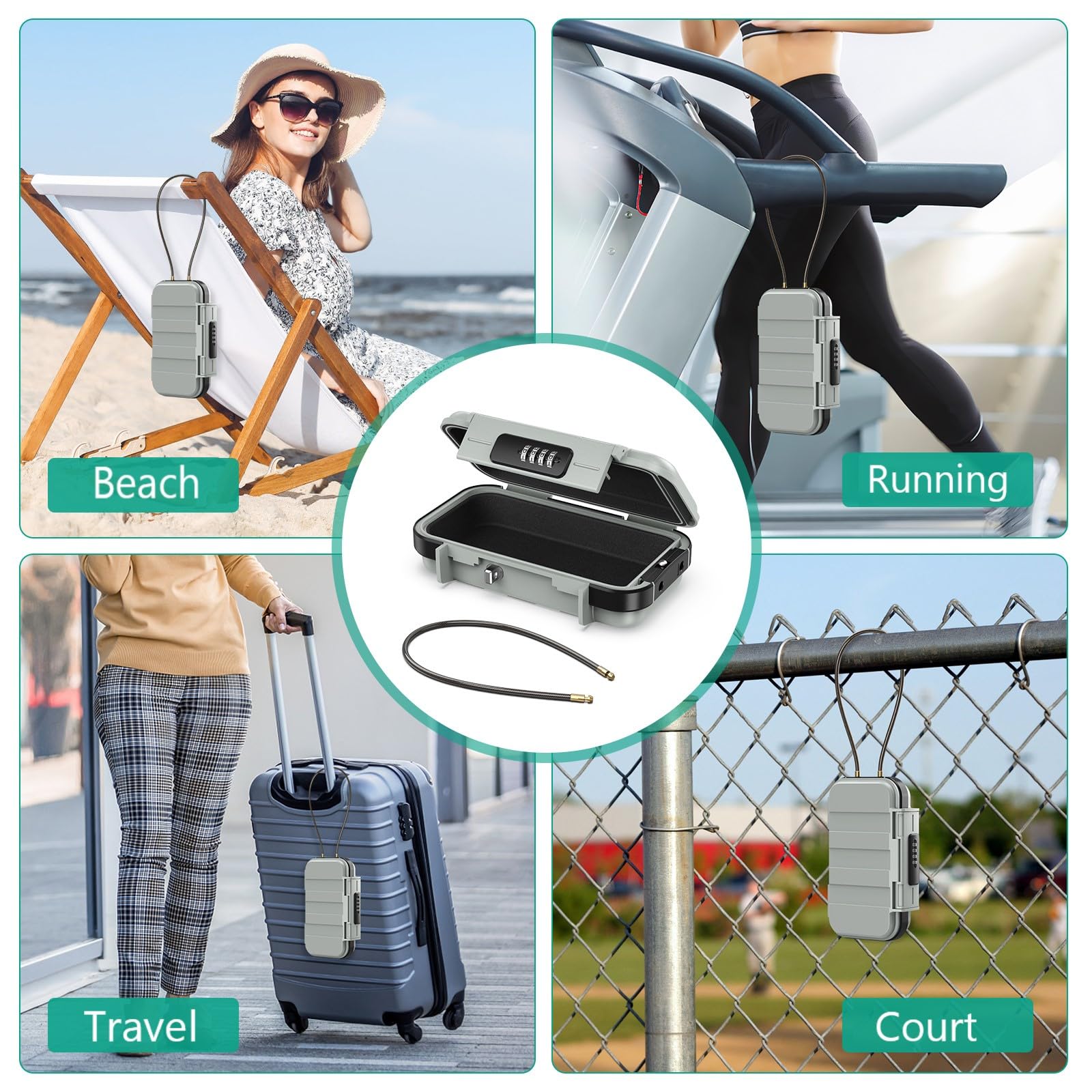 Cassaforte Portatile con Combinazione, ORIA Cassetta di Sicurezza con Rimovibile Fune Metallica, Cassaforte per Chiavi con Combinazione, Lucchetto per Chiavi Resistente Intemperie per Casa - Grigio