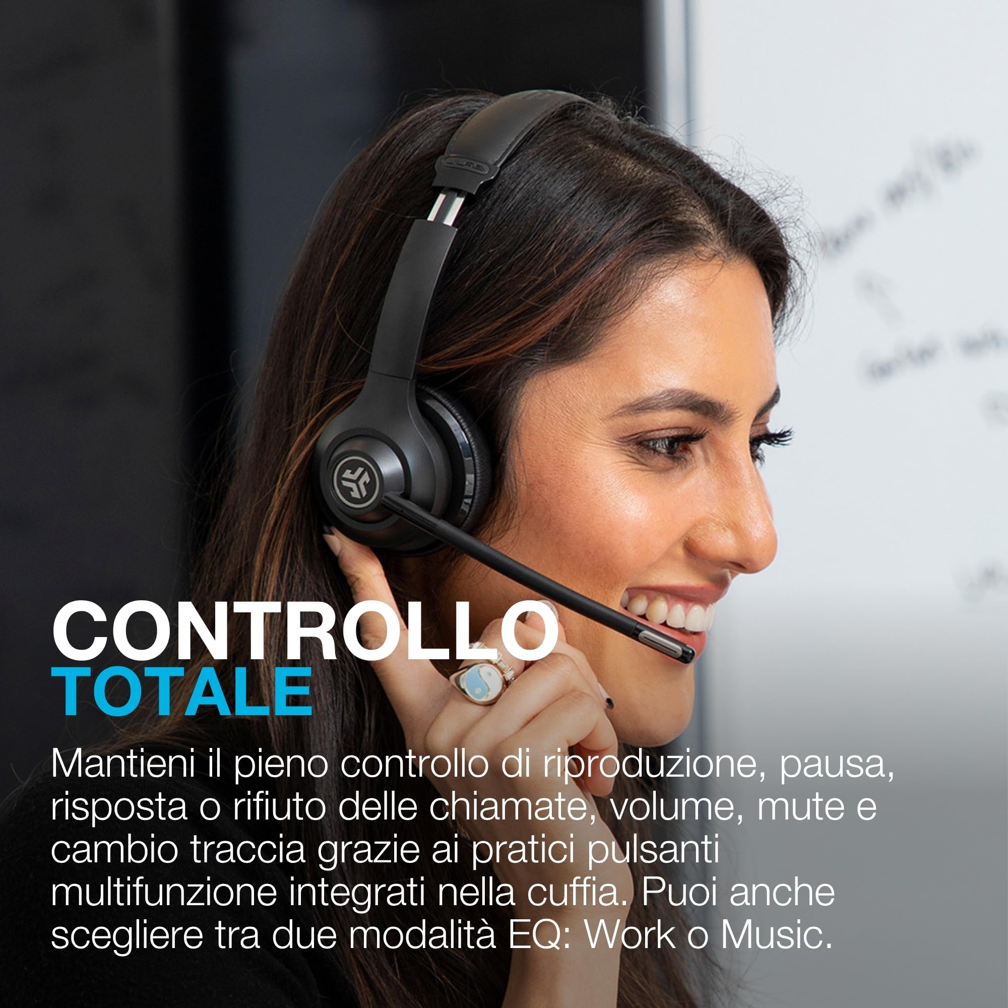 JLab Go Work - Cuffie wireless di seconda generazione con microfono – 55+ Playtime Bluetooth o USB-C Dongle per PC, connessione multipunto a computer e cellulare, cuffie on-ear cablate o wireless per
