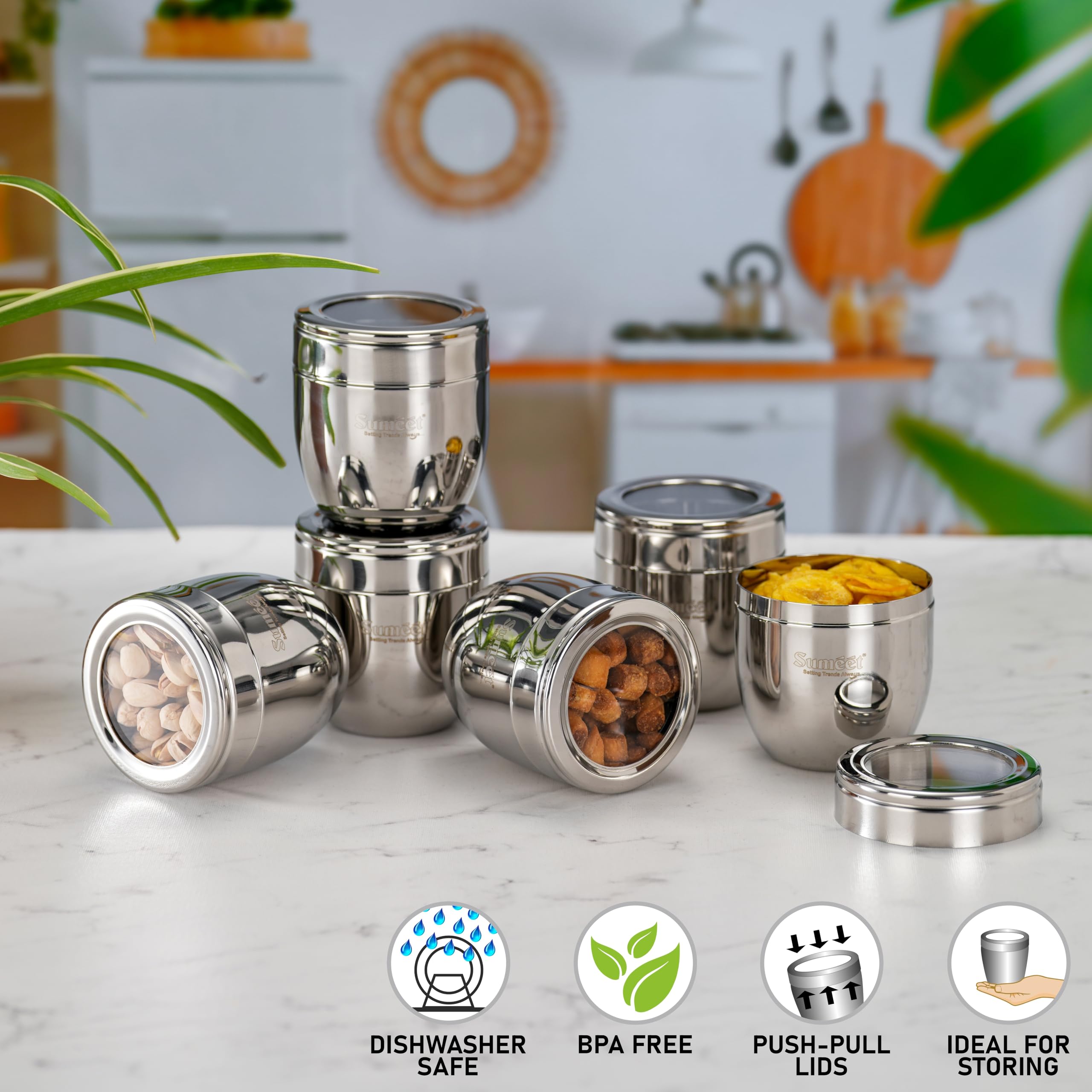 Sumeet Set di 6 contenitori conici in acciaio inox, per cucina con coperchio trasparente, 400 ml ciascuno, diametro 8,5 cm, argento