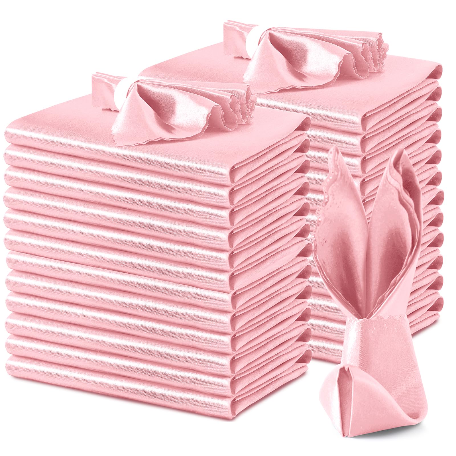 VACVELT 24 Pack Blush Pink Satin Napkins 12x12 Inch Wedding Napkins, Scalloped Elegant Dinner Napkins Square Table Napkins Decor, Silky Satin Cloth