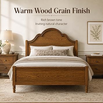 Vintage Full Size Wood Farmhouse Bed Frame with Retro Headboard