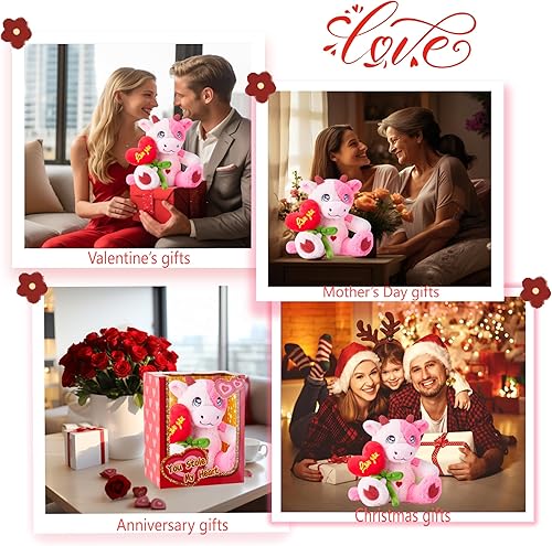Miniatura 7 de IKASA Juguete de peluche de vaca con flor de corazón rojo para el día de San Valentín, lindo peluche de 10 pulgadas, suave y pequeño juguete