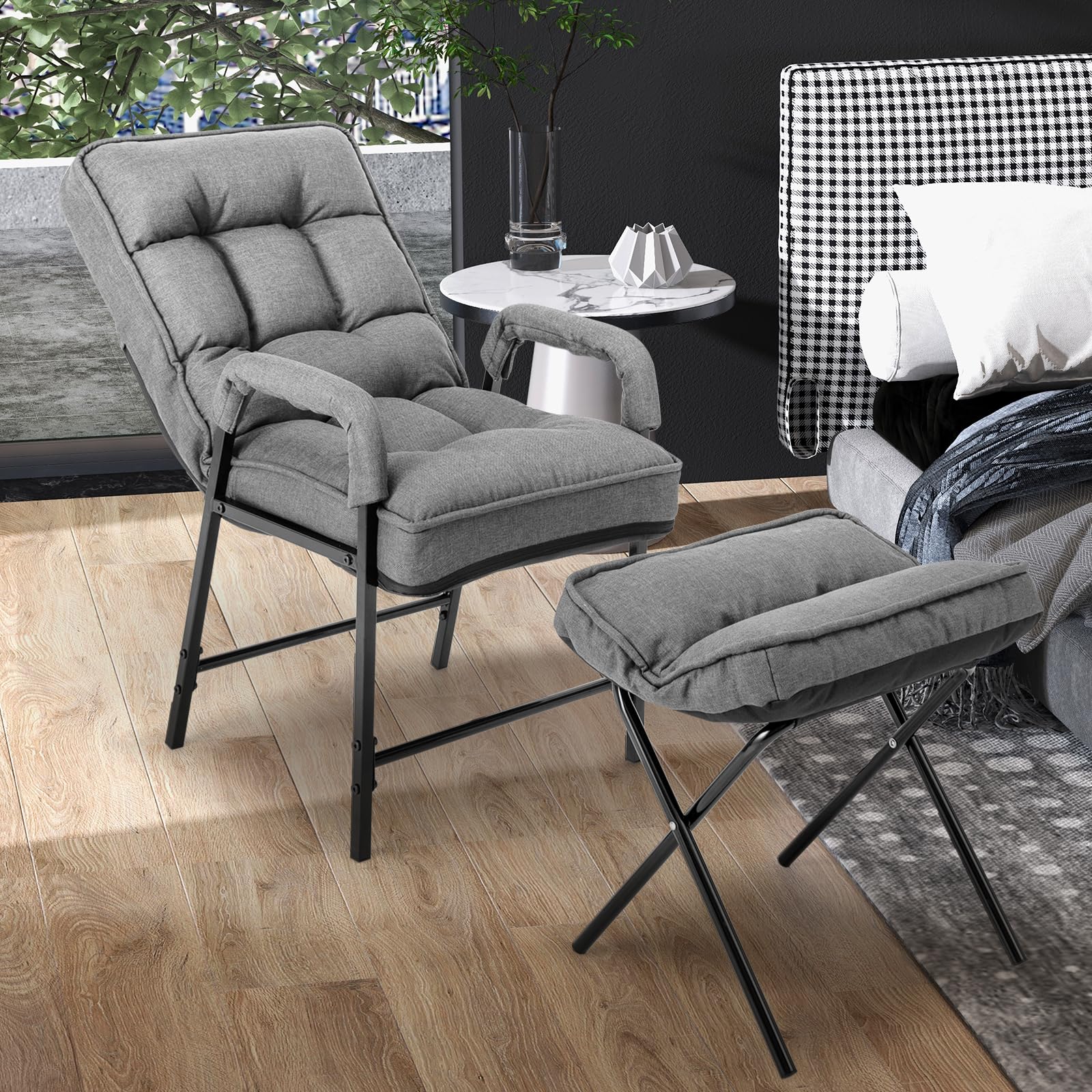 COSTWAY Poltrona Imbottita con Pouf Poggiapiedi Pieghevole, Schienale Alto Reclinabile a 5 Posizioni, Poltroncina Sedia Sdraio in Lino, Poltrona Moderna con Braccioli da Soggiorno Ufficio (grigio)