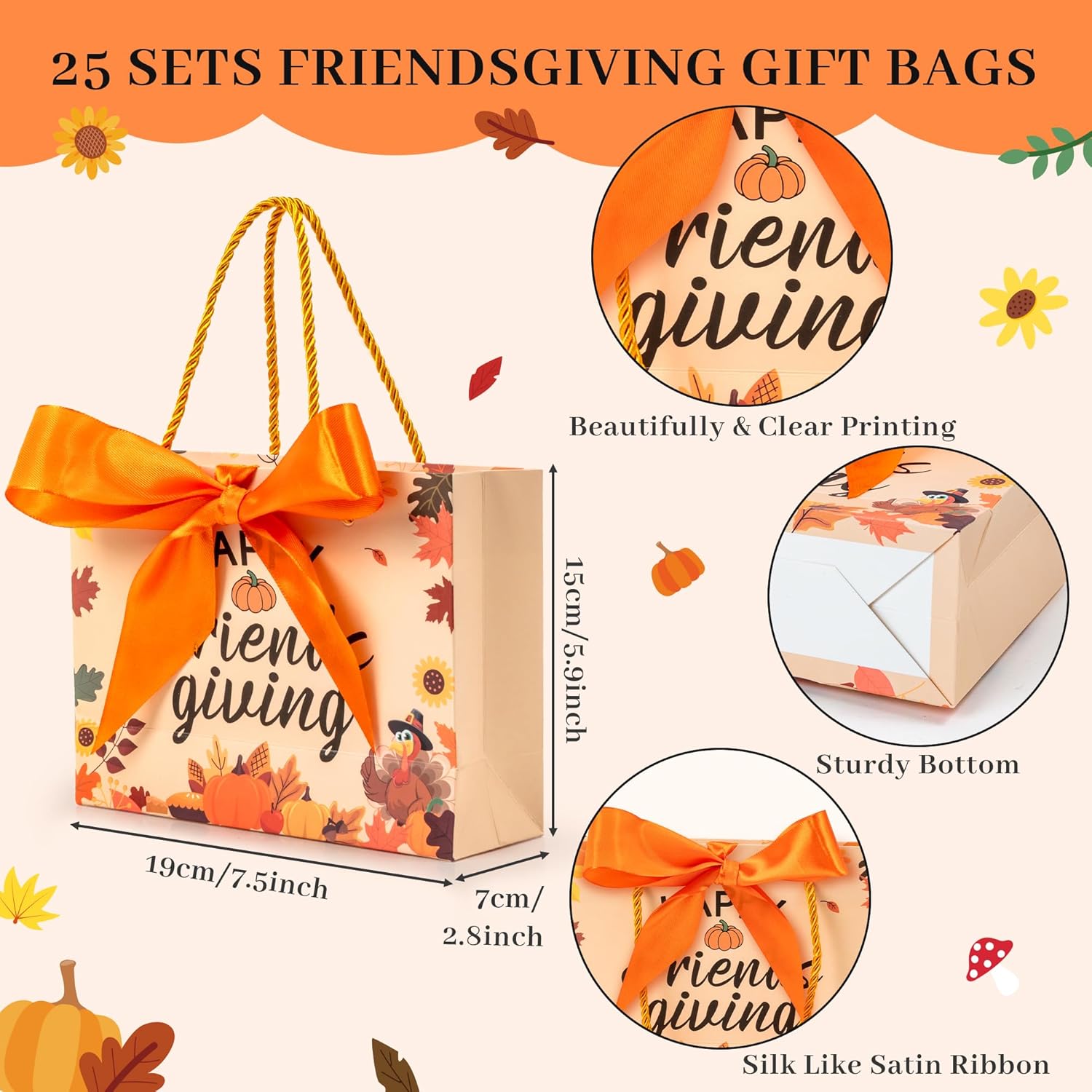 H1vojoxo Friendsgiving Party Gift Bags - 25pcs Friendsgiving Orange Gift Bags with Handles 7.5x2.8x5.9'' Thanksgiving Goodies Candy Bag with Bow Ribbon for Friend Guest Thanksgiving Party Favor Bag - Image 3