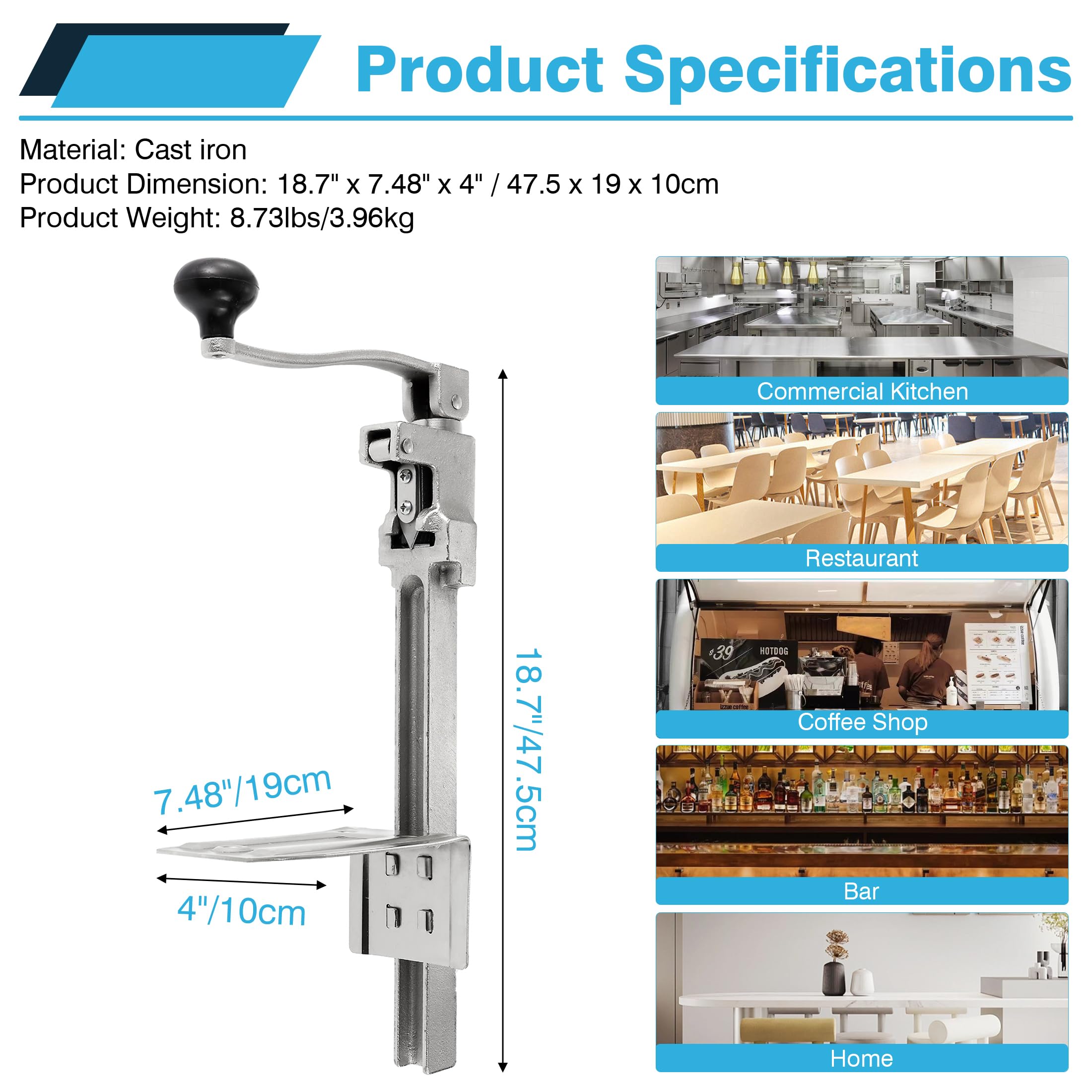 IRONWALLS Abrelatas comercial para restaurante, 48 cm, resistente para montaje en mesa, abrelatas manual para latas de hasta 13 pulgadas de alto, 1 abrelatas profesional de metal con base de acero