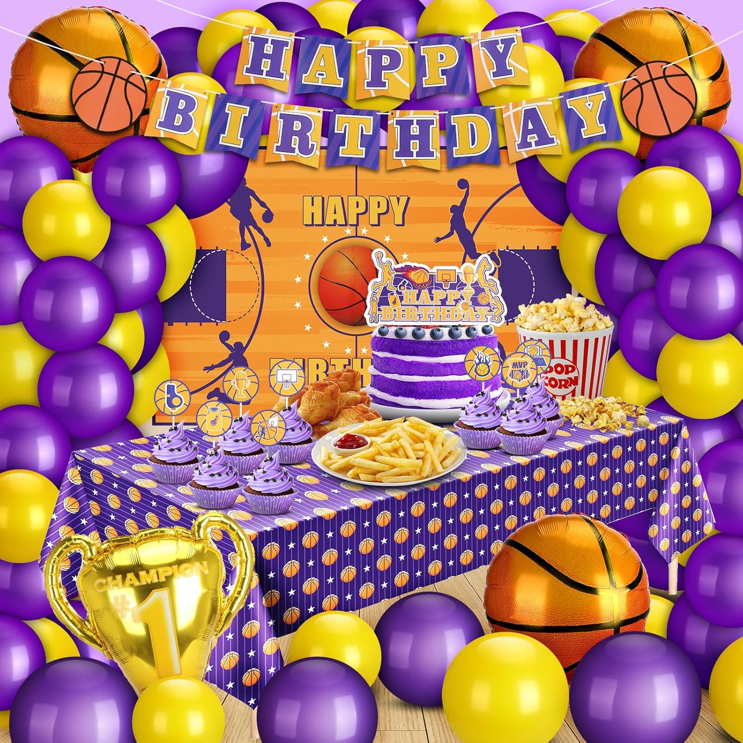 Basketball Party Decorations, 131PCS Basketball Birthday Party Supplies with Purple and Yellow Balloons Arch Kit, Basketball Theme Decor Backdrop Tablecloth Banners Cake Toppers for Game Competition - Image 7
