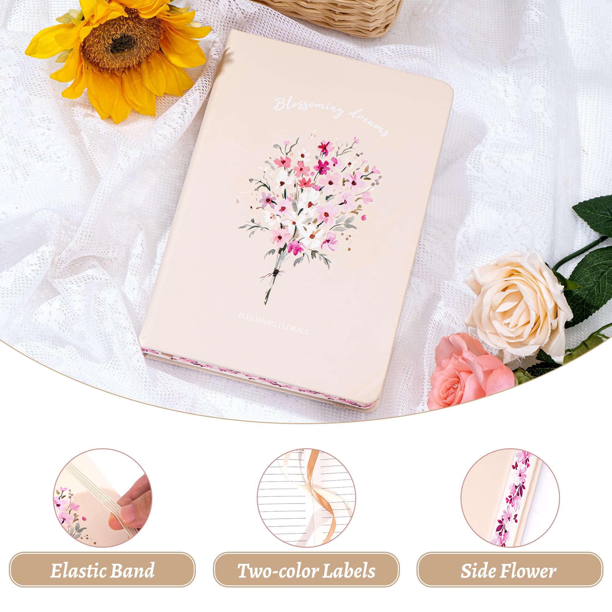 Liniertes Tagebuch, Notizbuch für Frauen, 320 Seiten, dickes Blumenmuster, A5, ästhetisches Hardcover, Tagebuch, Notizbücher zum Schreiben mit Geschenkbox, 14 x 21 cm, Gelb