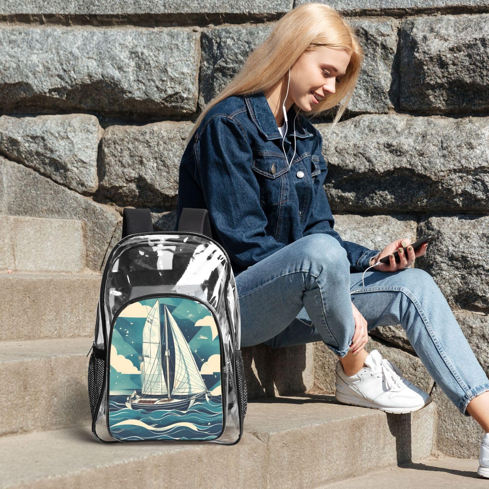Ocean Sailboat Zaino Stampato Set 3 in 1 Trasparente Borsa Set Per Scuola Lavoro Stadio Eventi E Trasporto quotidiano