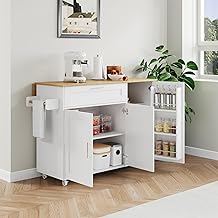 Kitchen Island Trolley on Wheels, Kitchen Cabinet with Towel Holder and Multifunctional Cabinet, Kitchen Trolley with Folding Worktop and 5 Wheels, White 132.5 x 70 x 90 cm