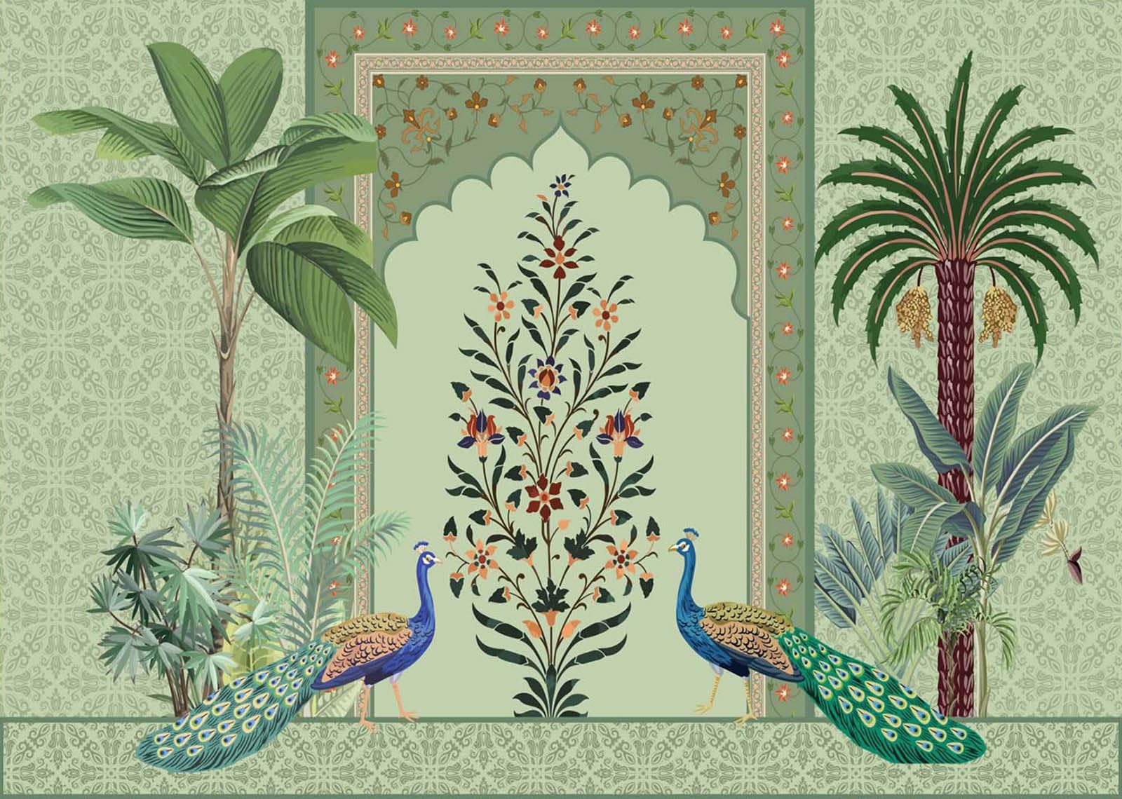 Loccor 7x5ft Fabric Mughal Garden Backdrop Traditional Mughal Arch with Flower Peacock Trees Green Wall Mural Background for Home Wall Decor Party