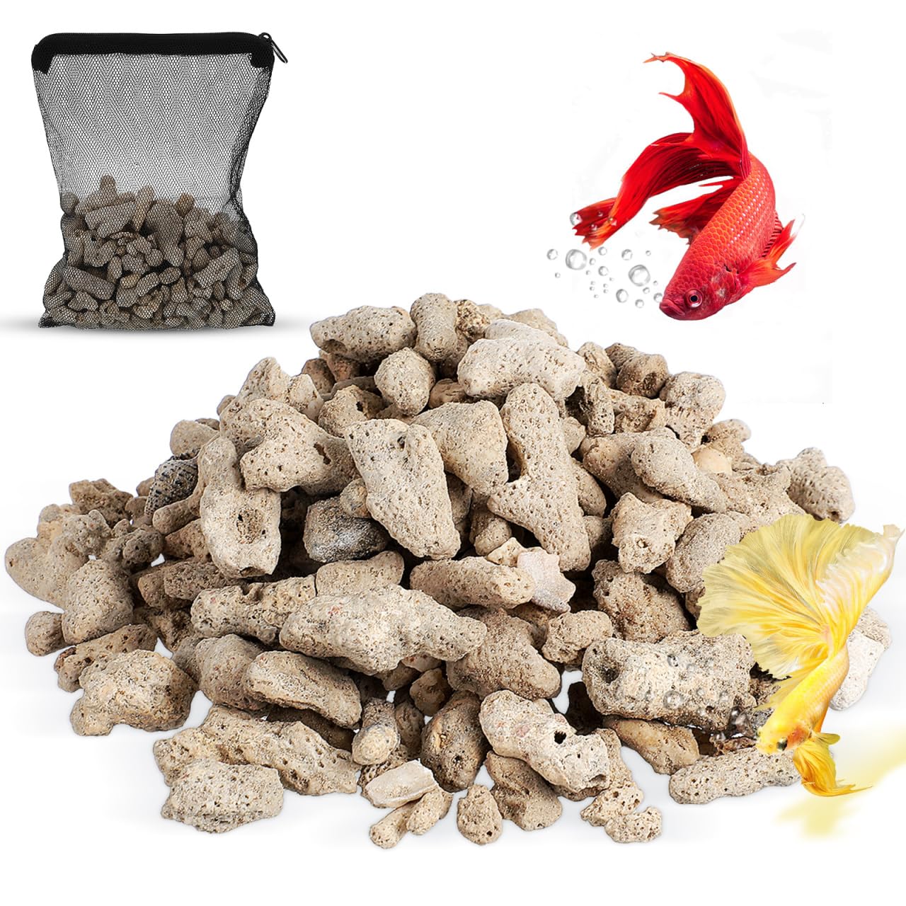 jojofuny 1 Set Crushed Coral for Freshwater Aquariums: Reusable Aquarium Substrate, Natural Fish Tank Filter Media Coral Pond Filtration with Mesh Bag for Pond Use, 500g