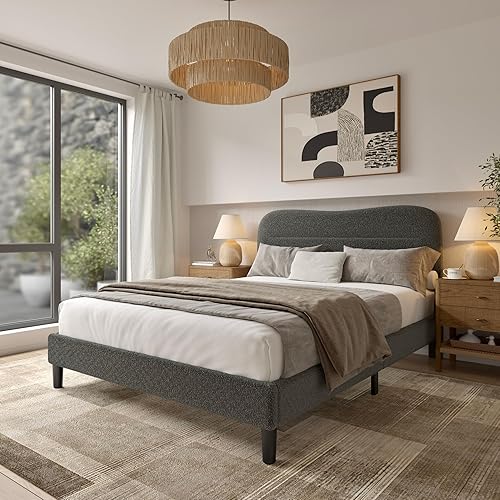 Miniatura 3 de Base de cama tamaño Queen con cabecero, marco de cama tapizado tamaño Queen, tela suave de peluche, cabecera tapizada en forma de malvavisco de nube